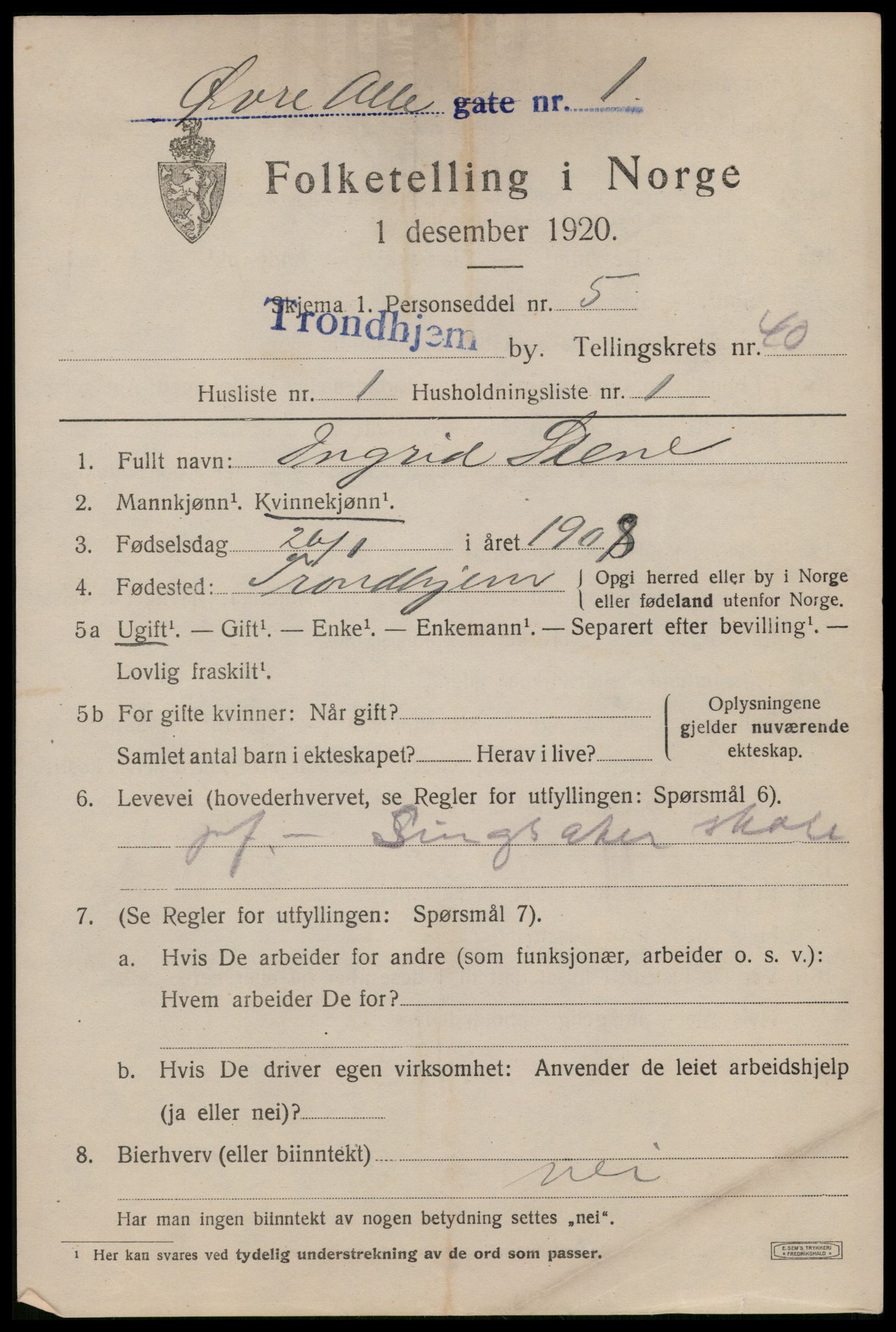 SAT, 1920 census for Trondheim, 1920, p. 89422