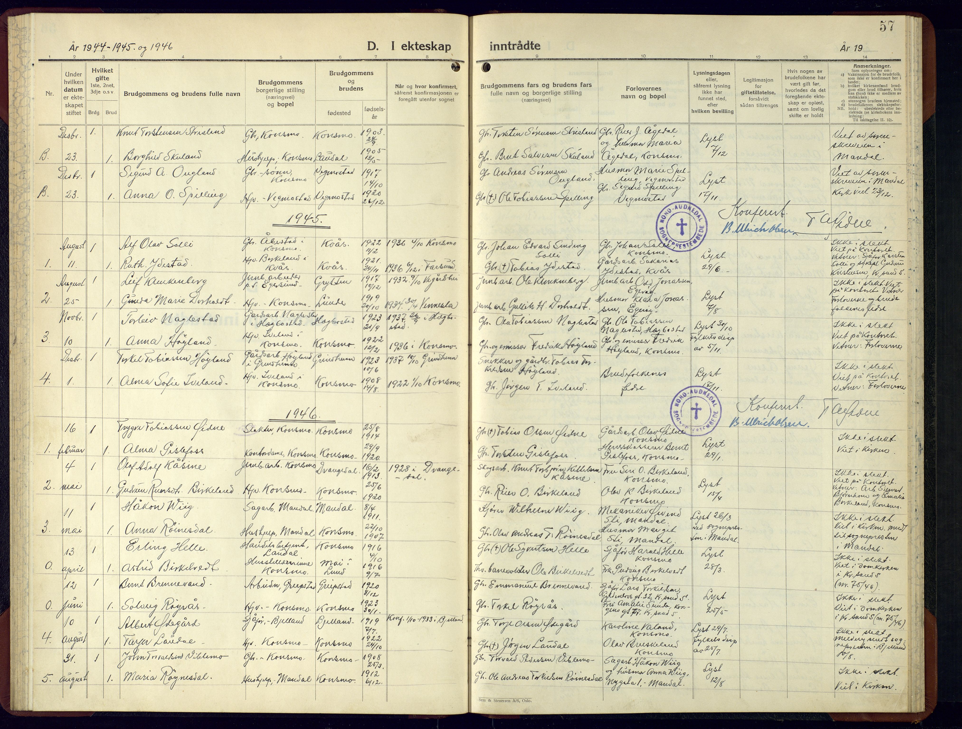 Nord-Audnedal sokneprestkontor, SAK/1111-0032/F/Fb/Fba/L0007: Parish register (copy) no. B-7, 1944-1961, p. 57