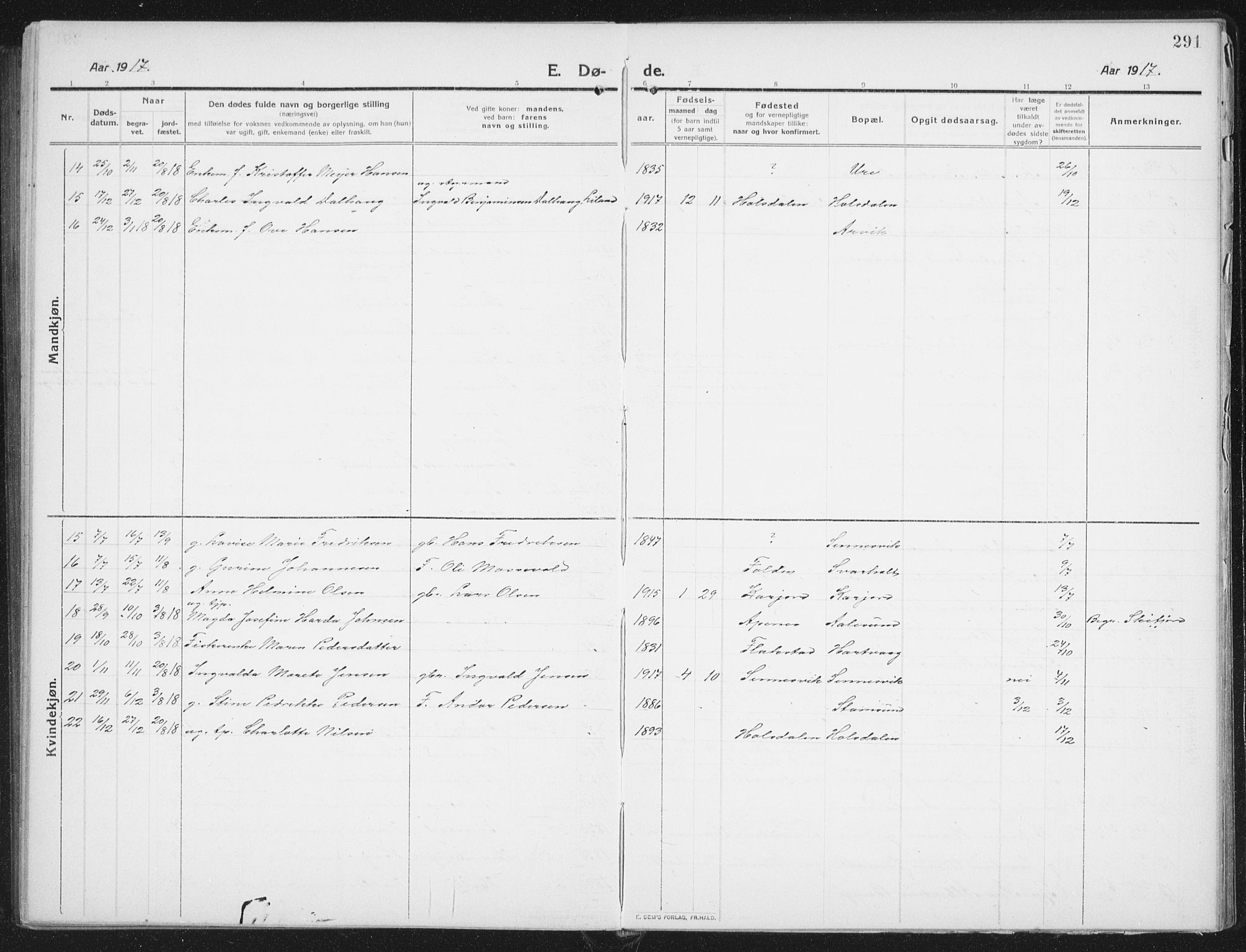 Ministerialprotokoller, klokkerbøker og fødselsregistre - Nordland, SAT/A-1459/882/L1183: Parish register (copy) no. 882C01, 1911-1938, p. 291