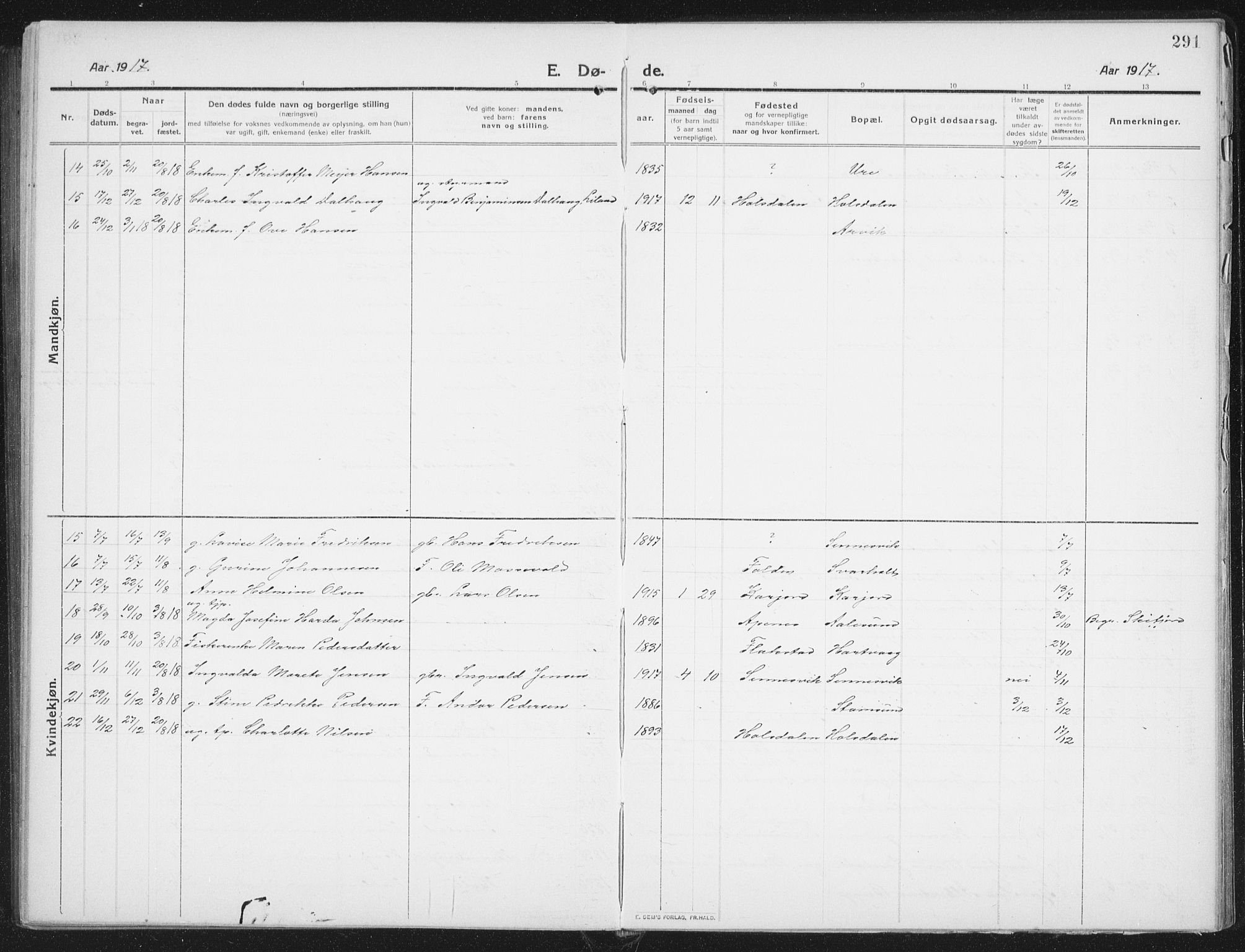 Ministerialprotokoller, klokkerbøker og fødselsregistre - Nordland, AV/SAT-A-1459/882/L1183: Parish register (copy) no. 882C01, 1911-1938, p. 291