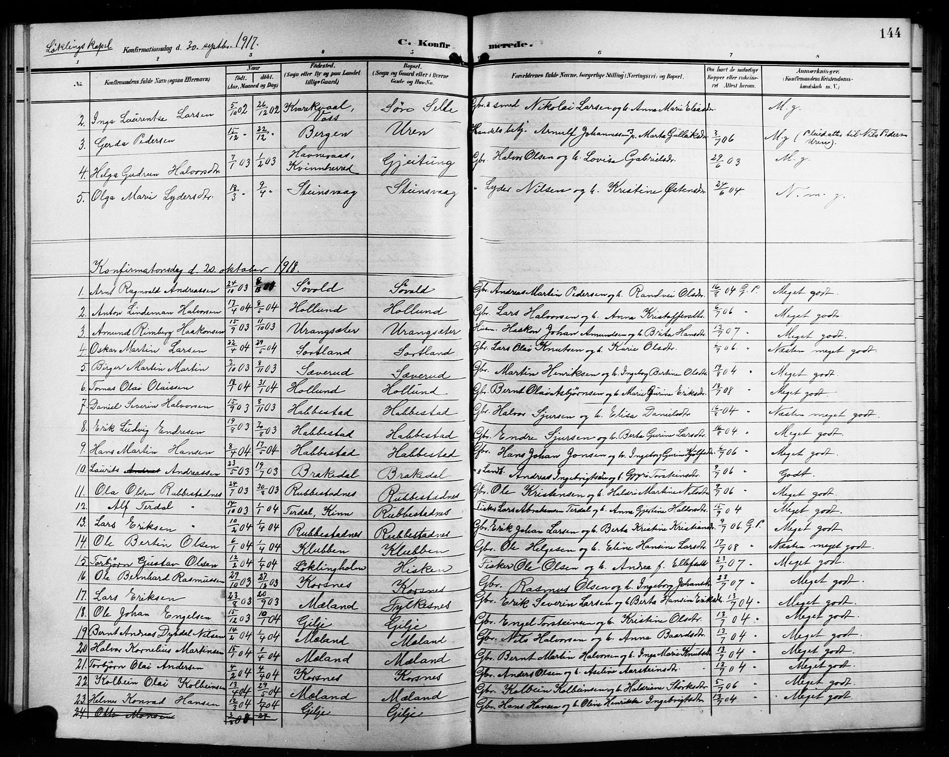 Finnås sokneprestembete, SAB/A-99925/H/Ha/Hab/Habb/L0005: Parish register (copy) no. B 5, 1907-1920, p. 144