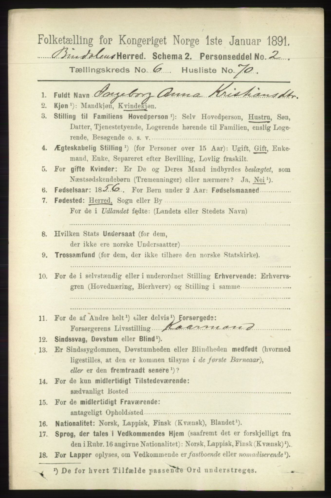 RA, 1891 census for 1811 Bindal, 1891, p. 2190