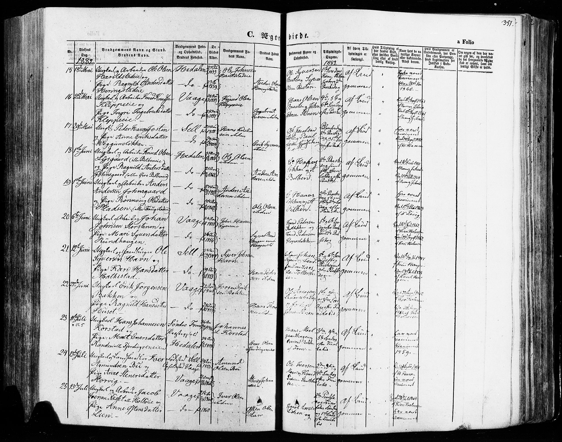 Vågå prestekontor, AV/SAH-PREST-076/H/Ha/Haa/L0007: Parish register (official) no. 7 /1, 1872-1886, p. 351