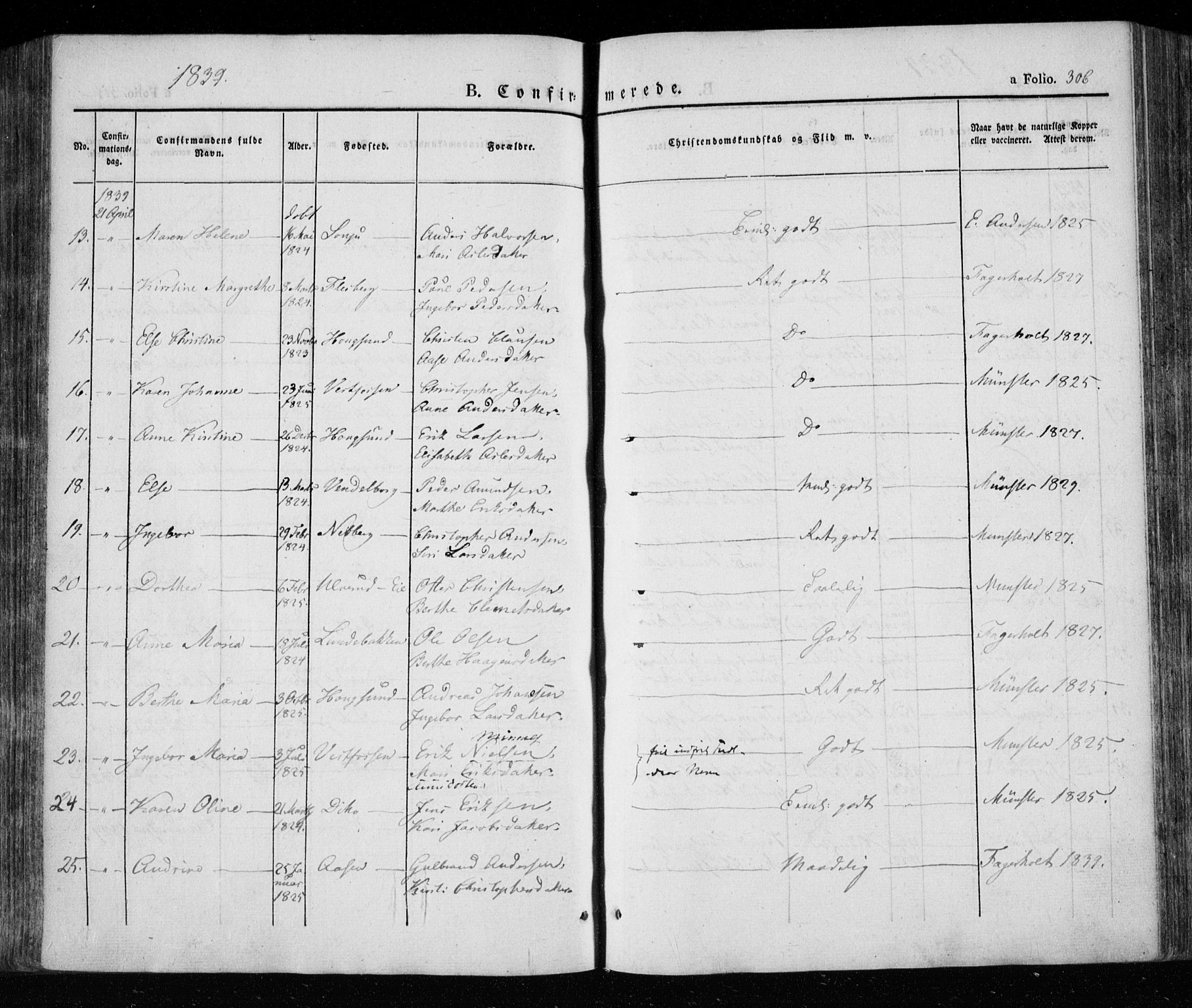 Eiker kirkebøker, SAKO/A-4/F/Fa/L0013a: Parish register (official) no. I 13A, 1832-1845, p. 306