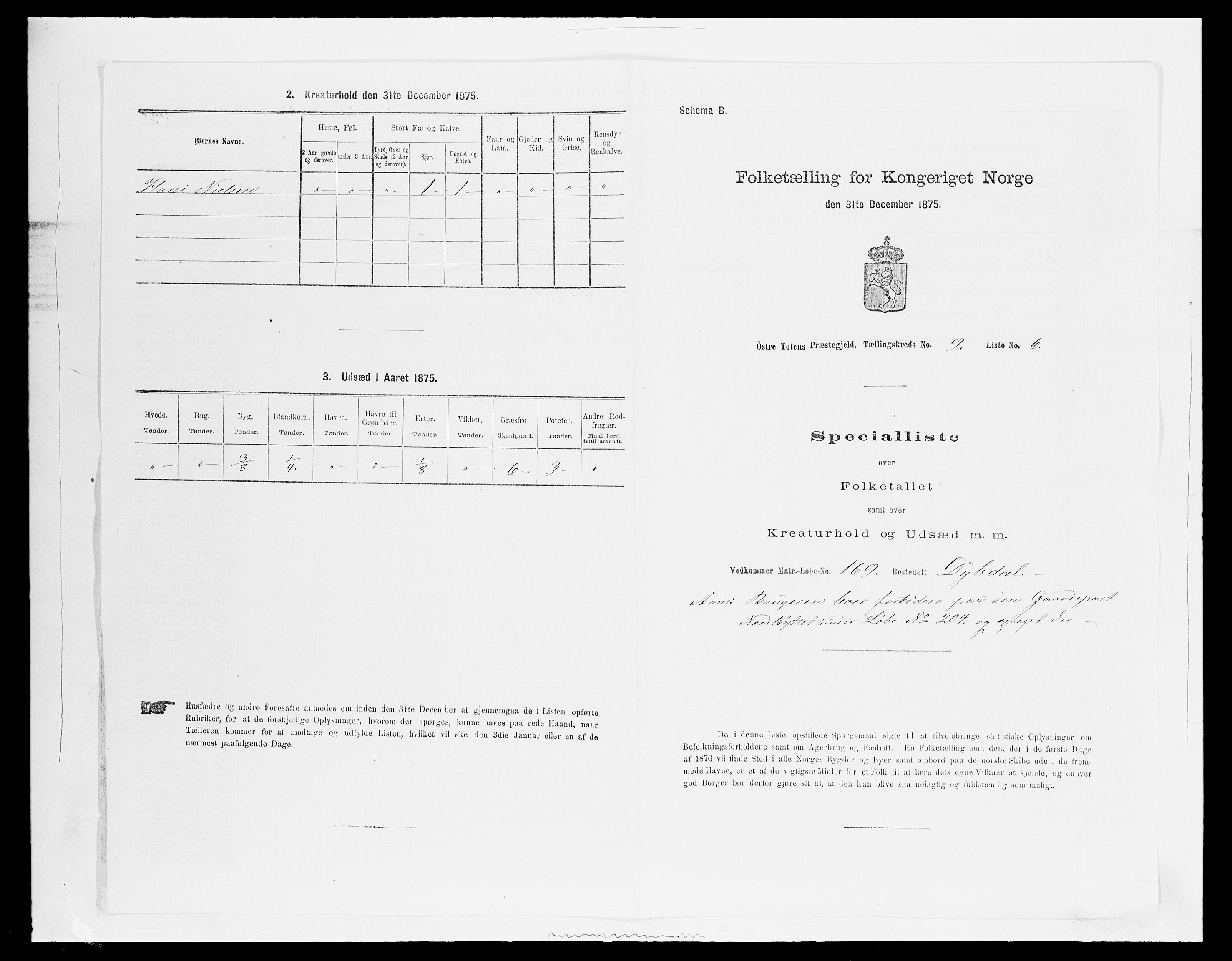 SAH, 1875 census for 0528P Østre Toten, 1875, p. 1625