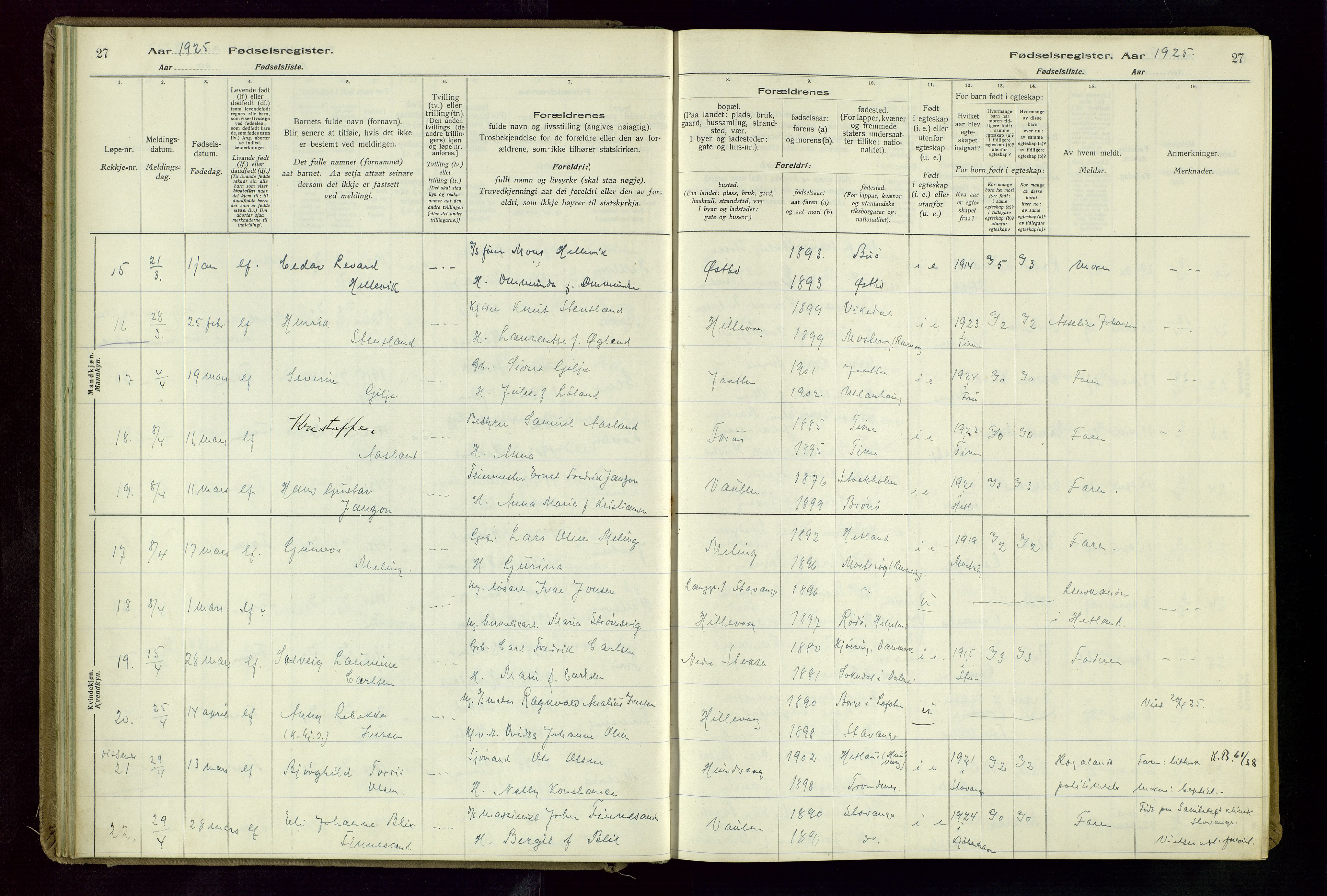 Hetland sokneprestkontor, AV/SAST-A-101826/70/704BA/L0004: Birth register no. 4, 1923-1937, p. 27