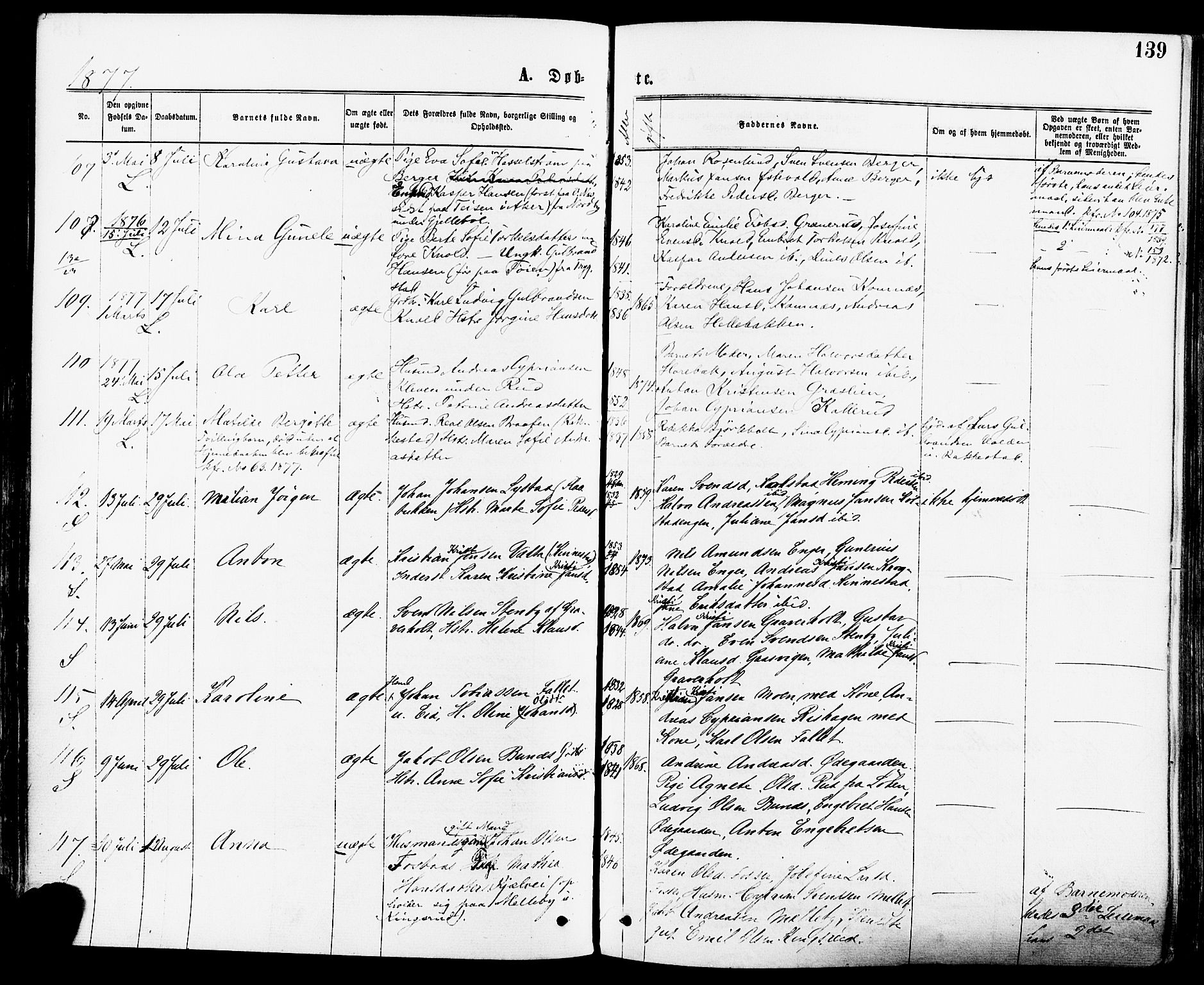 Høland prestekontor Kirkebøker, SAO/A-10346a/F/Fa/L0012.a: Parish register (official) no. I 12A, 1869-1879, p. 139