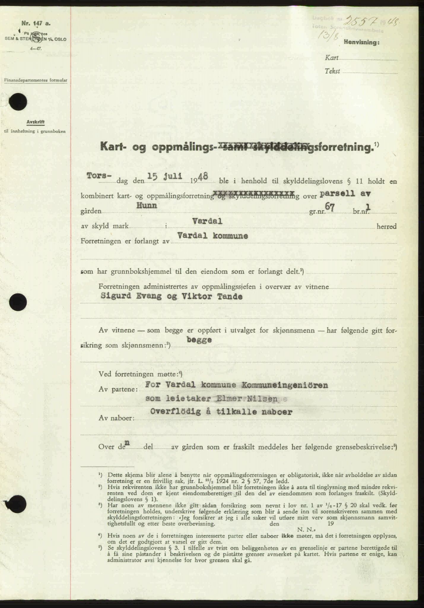 Toten tingrett, SAH/TING-006/H/Hb/Hbc/L0020: Mortgage book no. Hbc-20, 1948-1948, Diary no: : 2557/1948