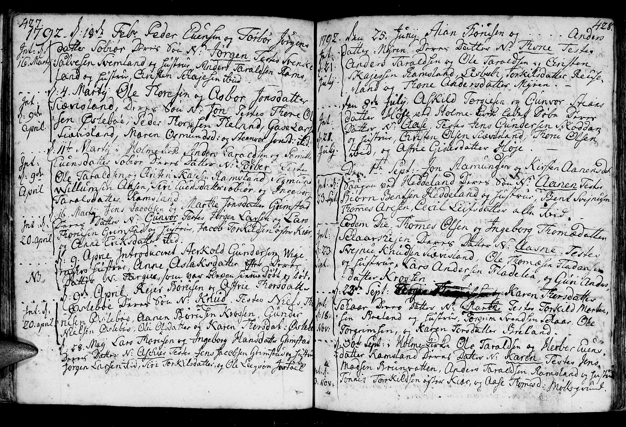 Holum sokneprestkontor, AV/SAK-1111-0022/F/Fa/Fac/L0001: Parish register (official) no. A 1, 1773-1820, p. 427-428