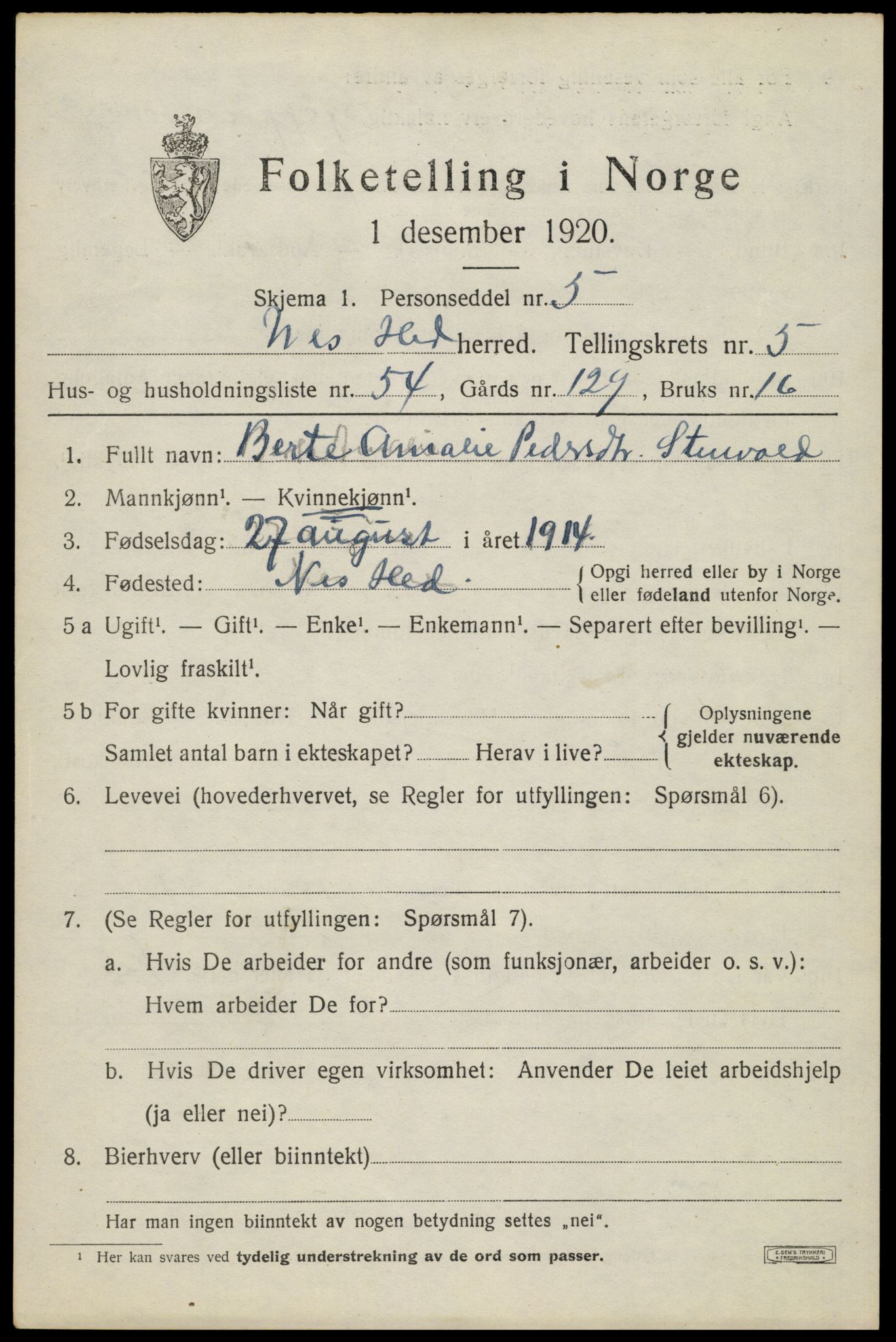 SAH, 1920 census for Nes (Hedmark), 1920, p. 7778