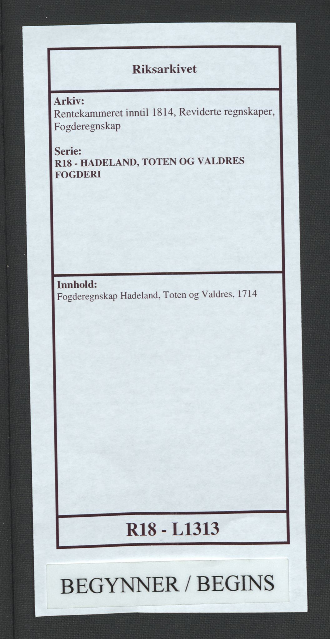 Rentekammeret inntil 1814, Reviderte regnskaper, Fogderegnskap, AV/RA-EA-4092/R18/L1313: Fogderegnskap Hadeland, Toten og Valdres, 1714, p. 1