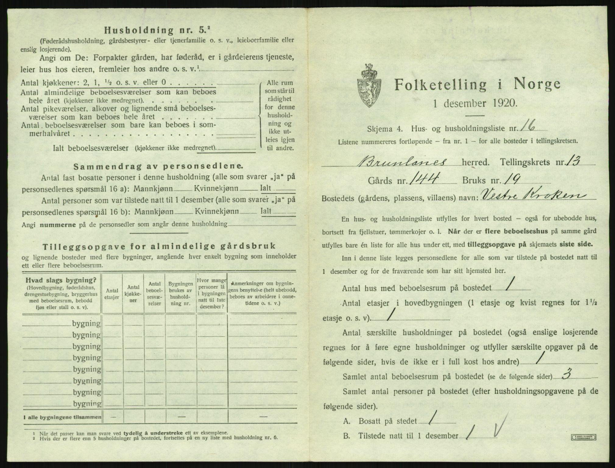 SAKO, 1920 census for Brunlanes, 1920, p. 1779