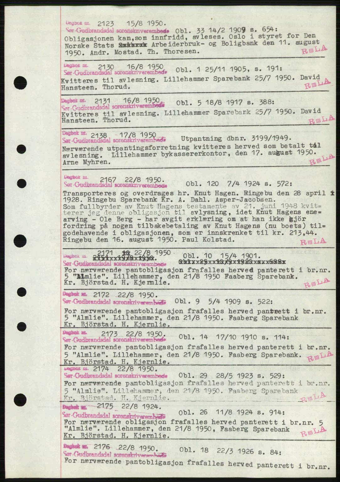 Sør-Gudbrandsdal tingrett, SAH/TING-004/H/Hb/Hbf/L0002: Mortgage book no. C1, 1938-1951, Diary no: : 2123/1950
