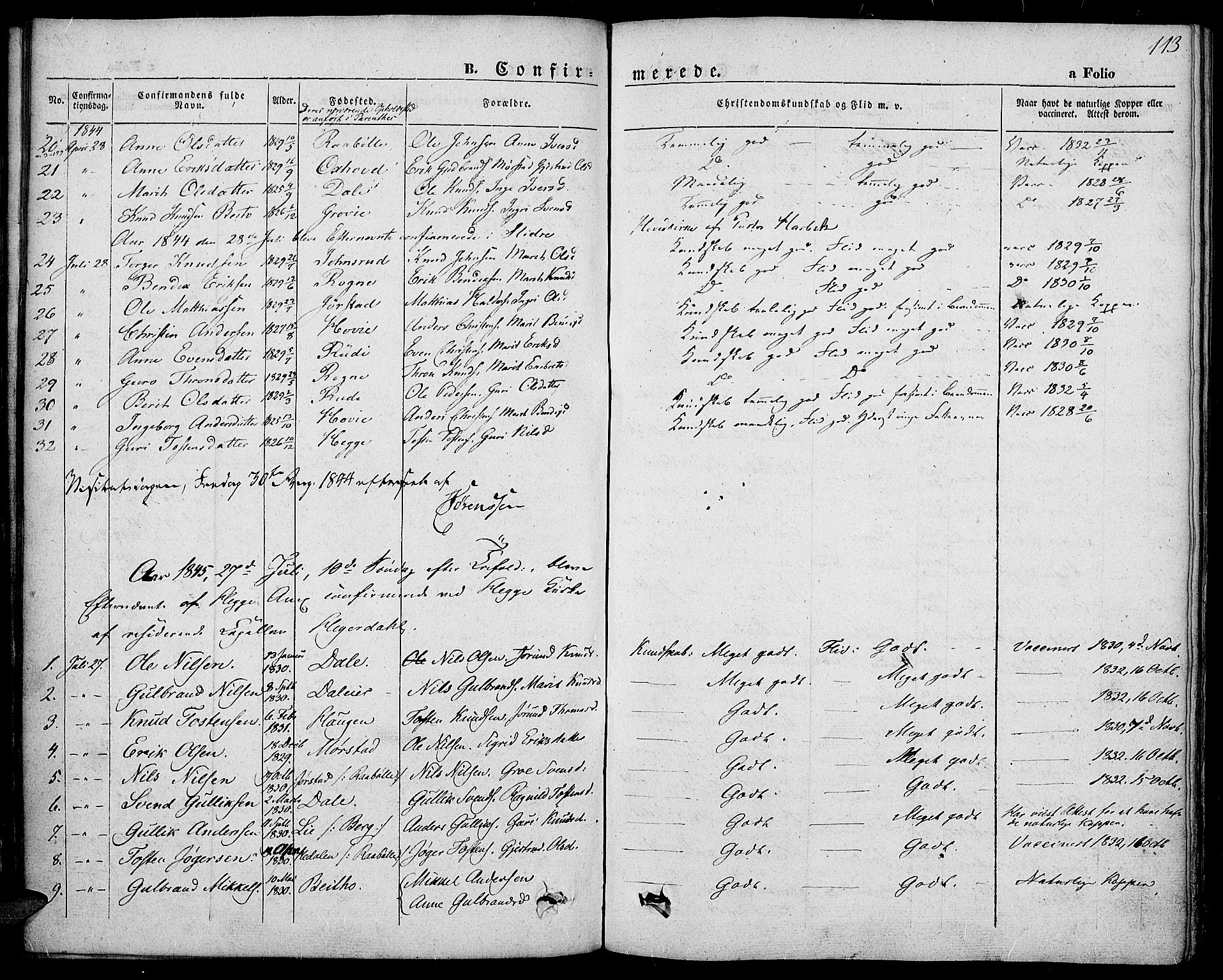 Slidre prestekontor, SAH/PREST-134/H/Ha/Haa/L0004: Parish register (official) no. 4, 1831-1848, p. 113