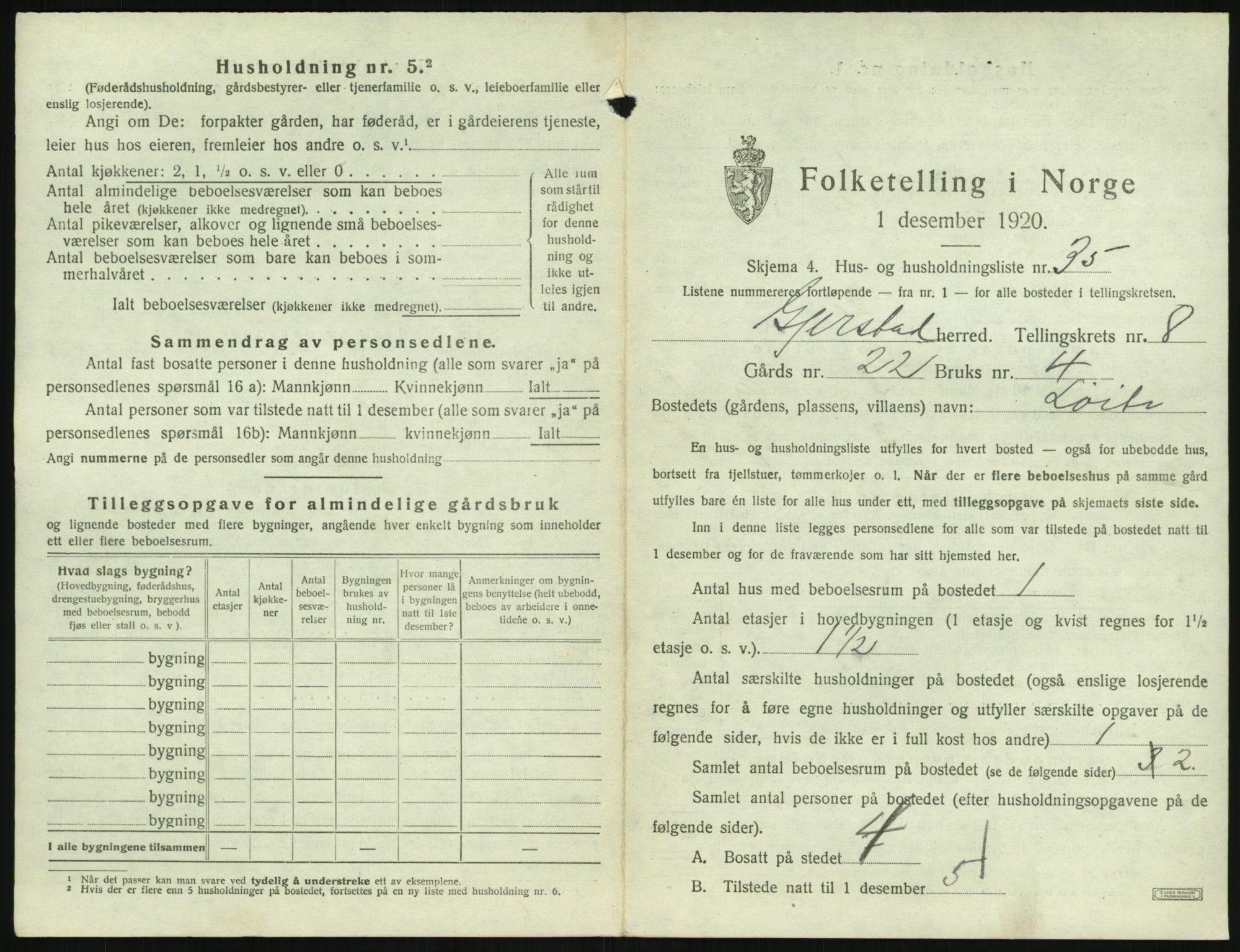 SAK, 1920 census for Gjerstad, 1920, p. 887