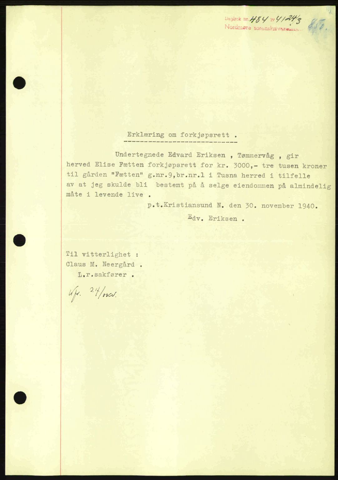 Nordmøre sorenskriveri, AV/SAT-A-4132/1/2/2Ca: Mortgage book no. B87, 1940-1941, Diary no: : 484/1941