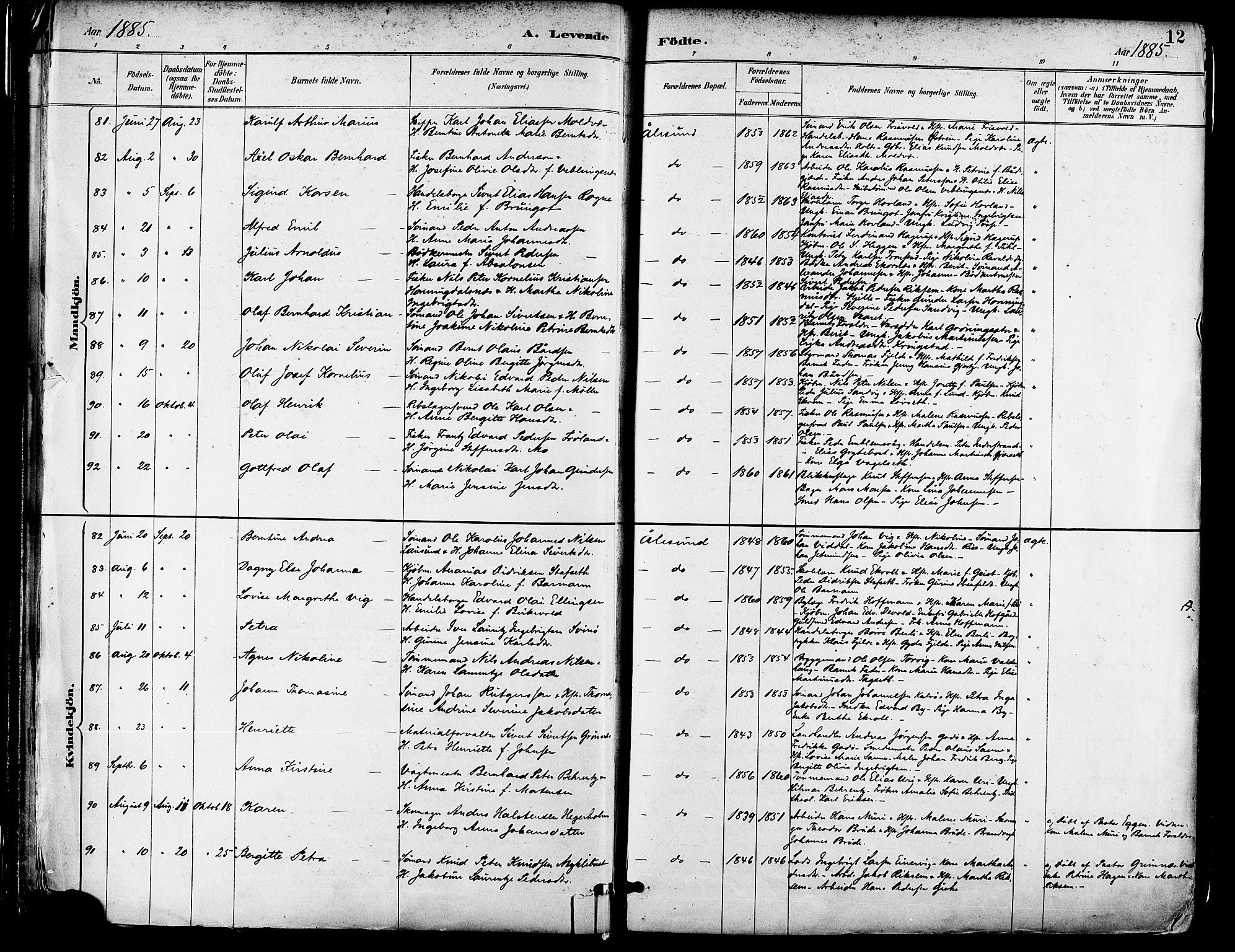 Ministerialprotokoller, klokkerbøker og fødselsregistre - Møre og Romsdal, AV/SAT-A-1454/529/L0455: Parish register (official) no. 529A05, 1885-1893, p. 12