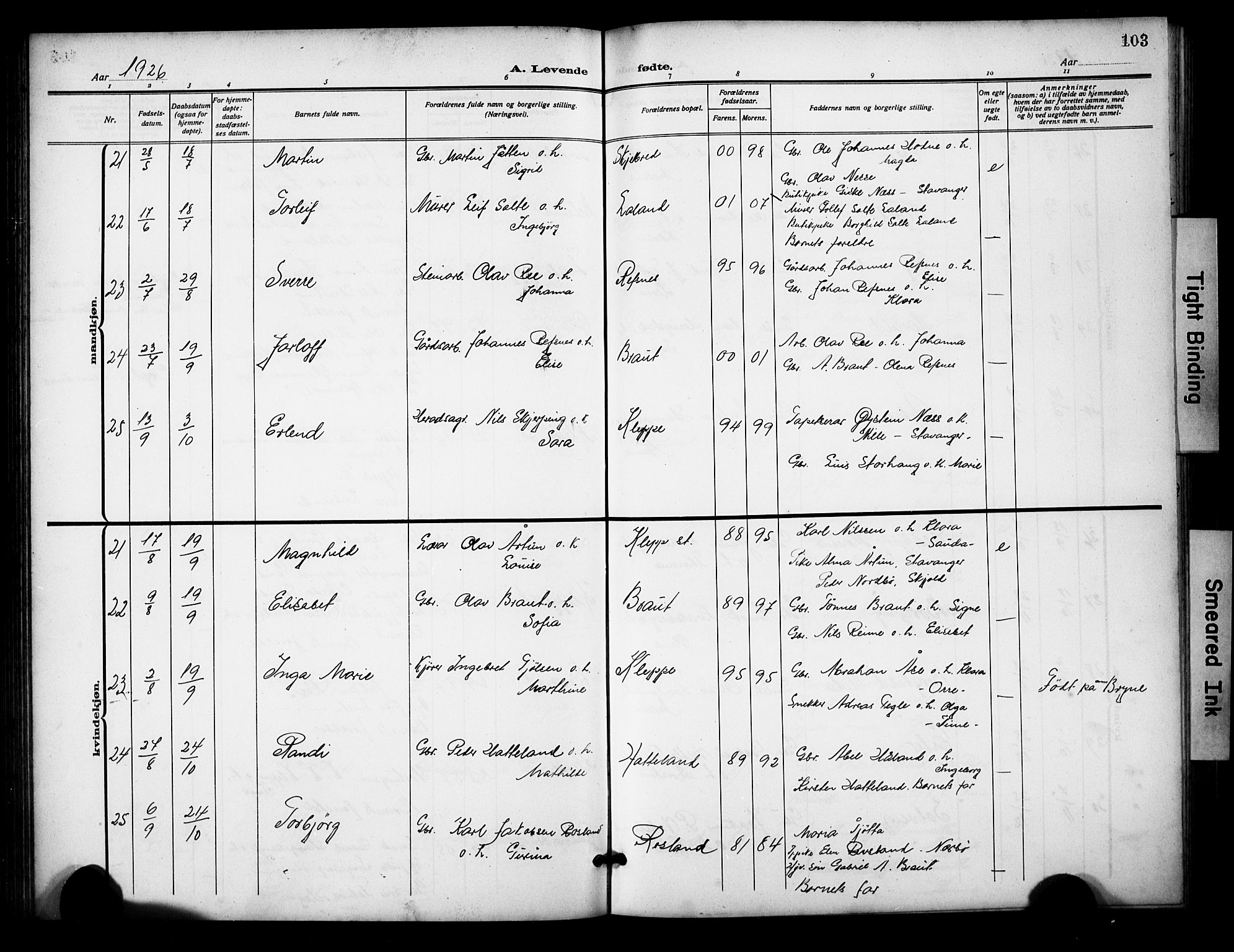 Klepp sokneprestkontor, AV/SAST-A-101803/001/3/30BB/L0007: Parish register (copy) no. B 7, 1908-1934, p. 103