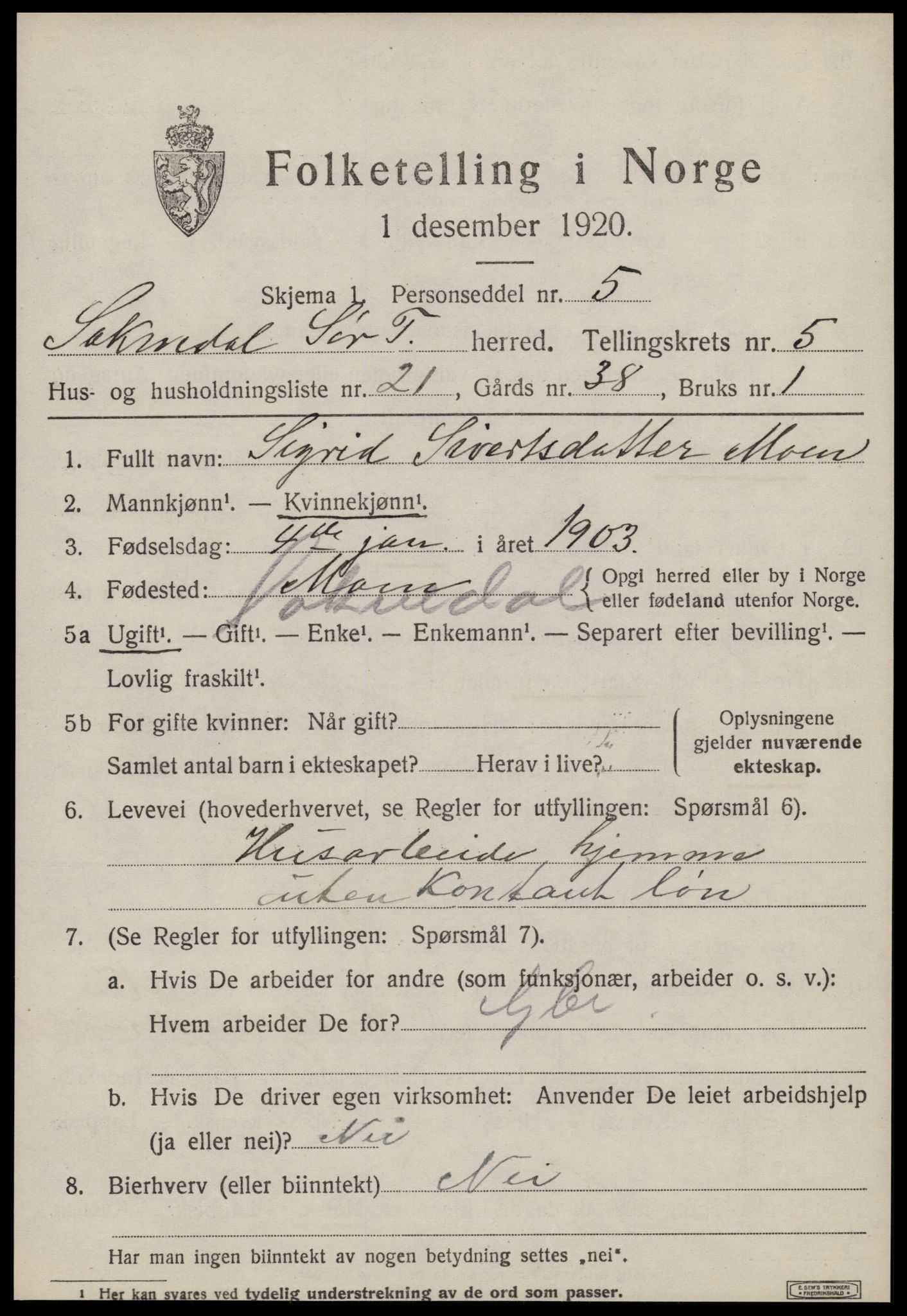 SAT, 1920 census for Soknedal, 1920, p. 2882