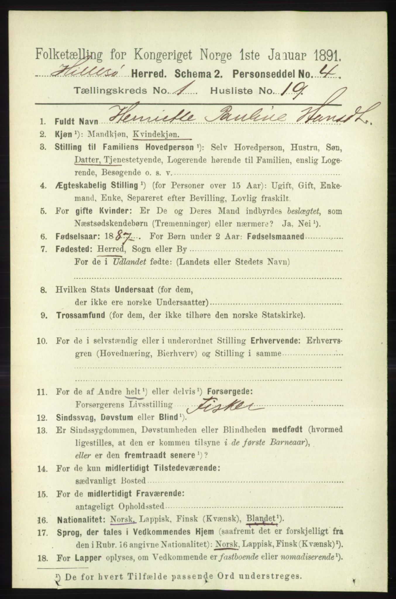 RA, 1891 census for 1930 Hillesøy, 1891, p. 205