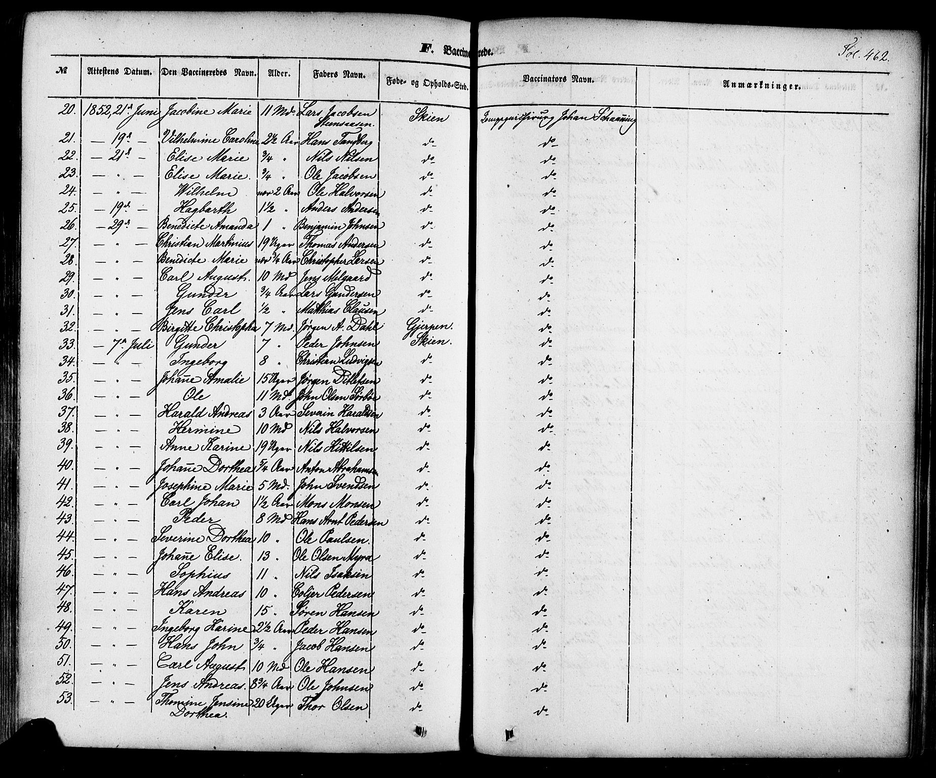 Skien kirkebøker, SAKO/A-302/F/Fa/L0006a: Parish register (official) no. 6A, 1843-1856, p. 462