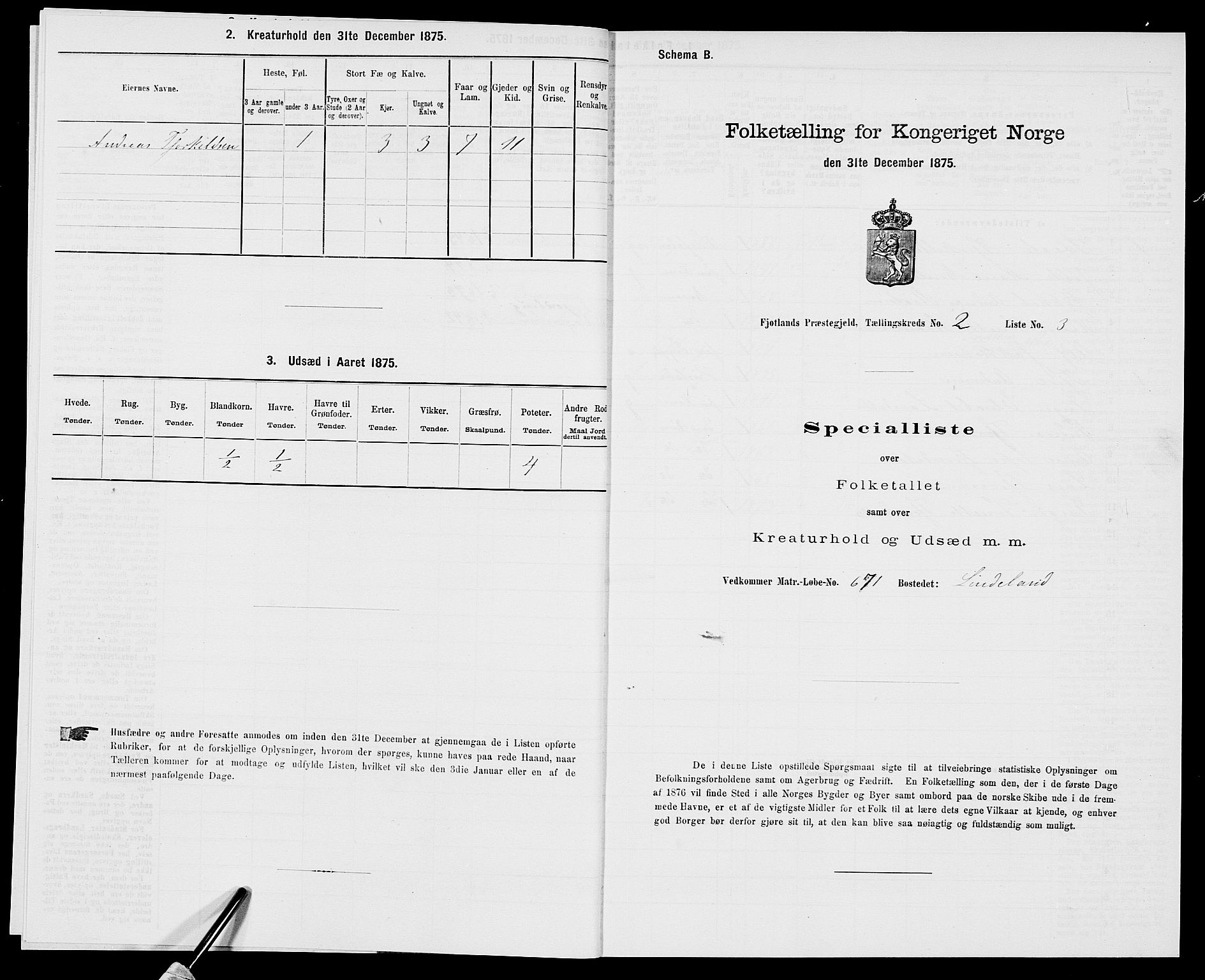 SAK, 1875 census for 1036P Fjotland, 1875, p. 118