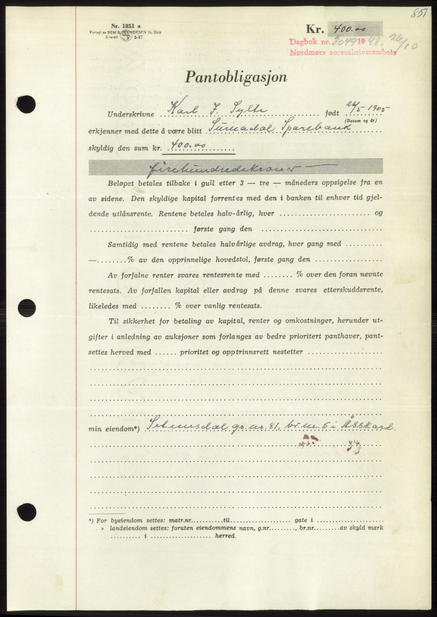 Nordmøre sorenskriveri, AV/SAT-A-4132/1/2/2Ca: Mortgage book no. B99, 1948-1948, Diary no: : 3049/1948