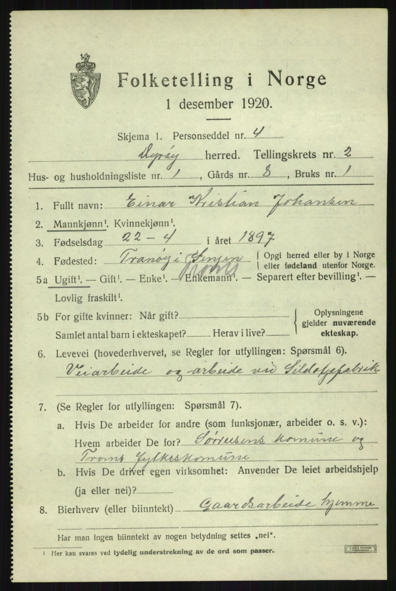 SATØ, 1920 census for Dyrøy, 1920, p. 1279