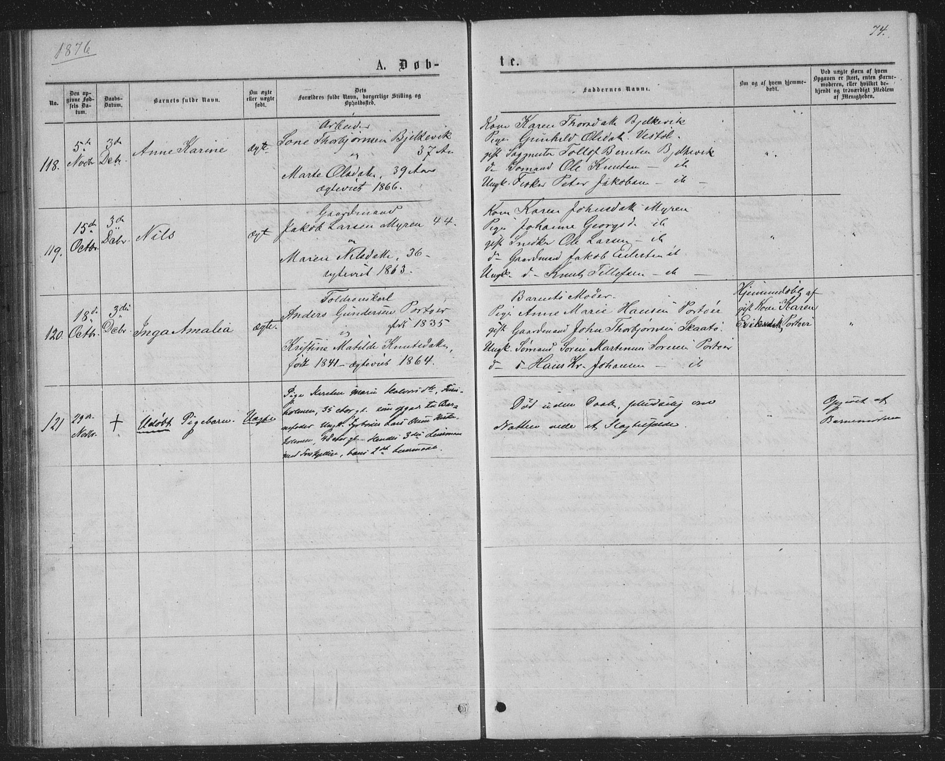 Skåtøy kirkebøker, SAKO/A-304/G/Ga/L0002: Parish register (copy) no. I 2, 1872-1884, p. 74