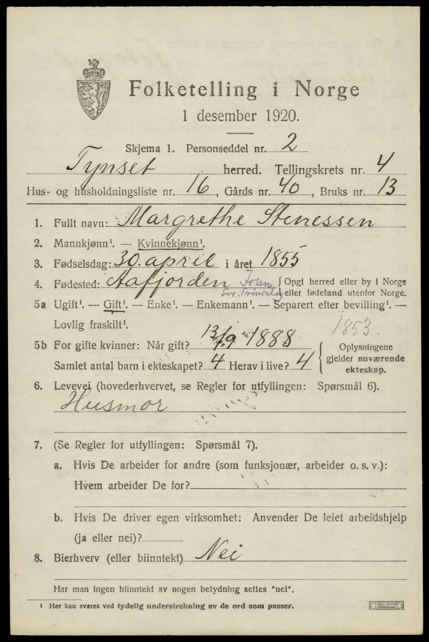 SAH, 1920 census for Tynset, 1920, p. 3398