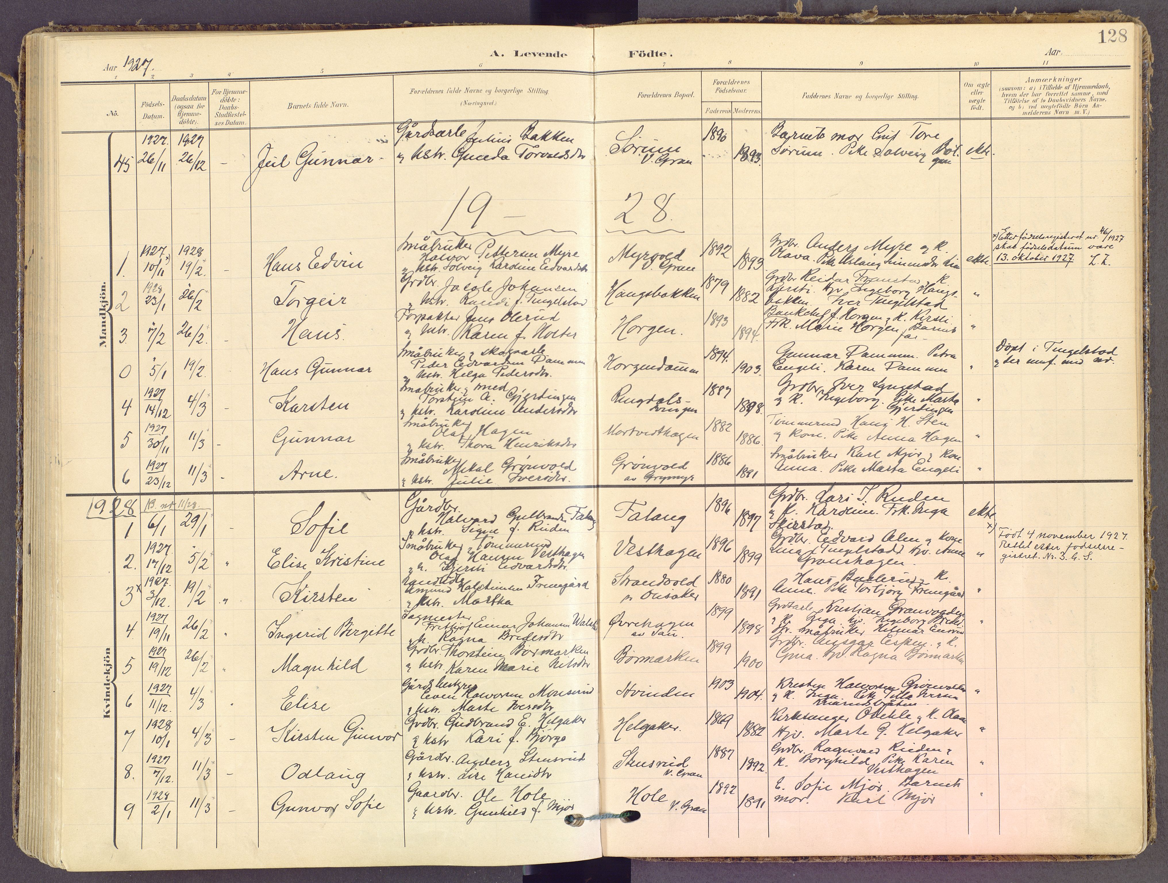 Gran prestekontor, SAH/PREST-112/H/Ha/Haa/L0021: Parish register (official) no. 21, 1908-1932, p. 128