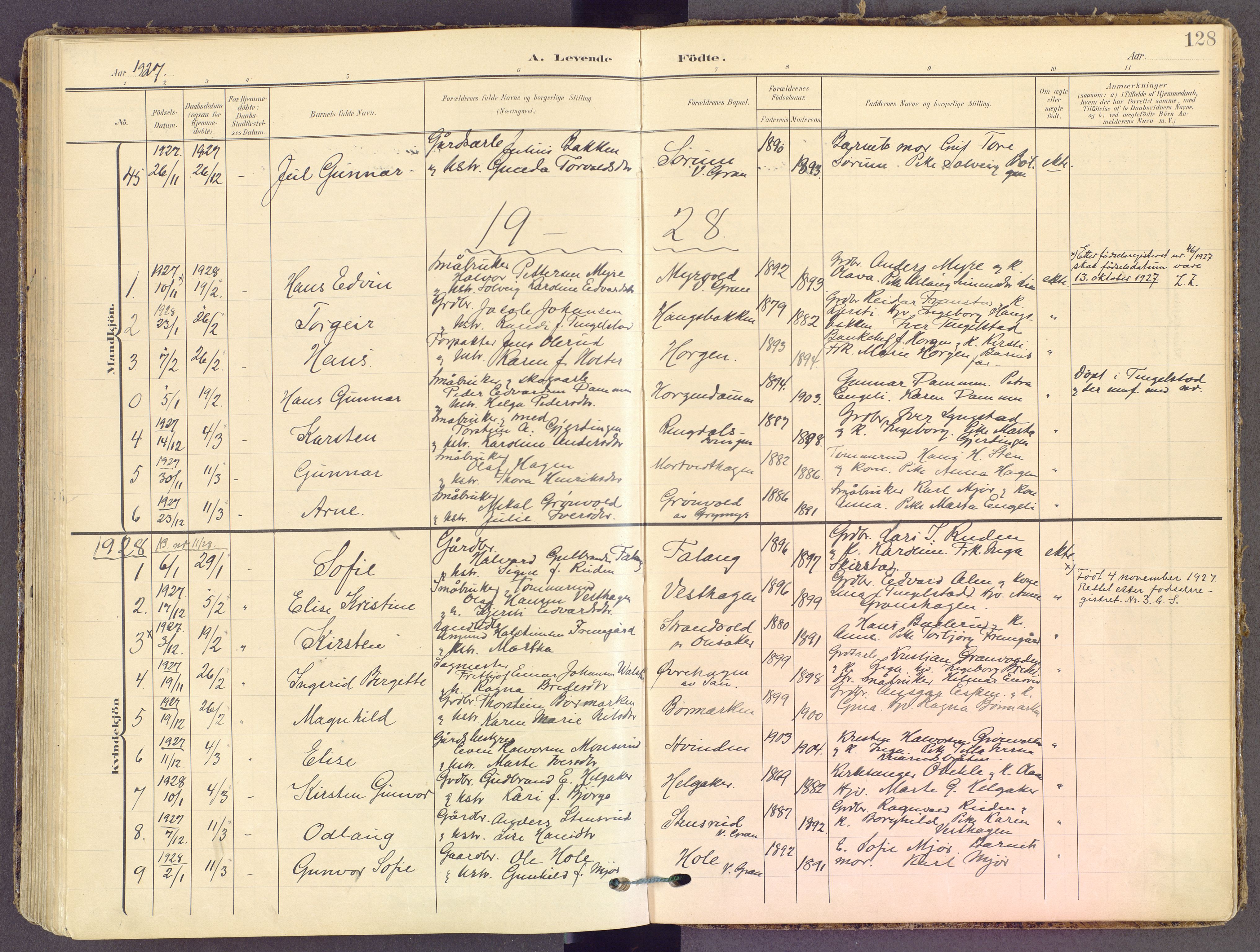 Gran prestekontor, AV/SAH-PREST-112/H/Ha/Haa/L0021: Parish register (official) no. 21, 1908-1932, p. 128