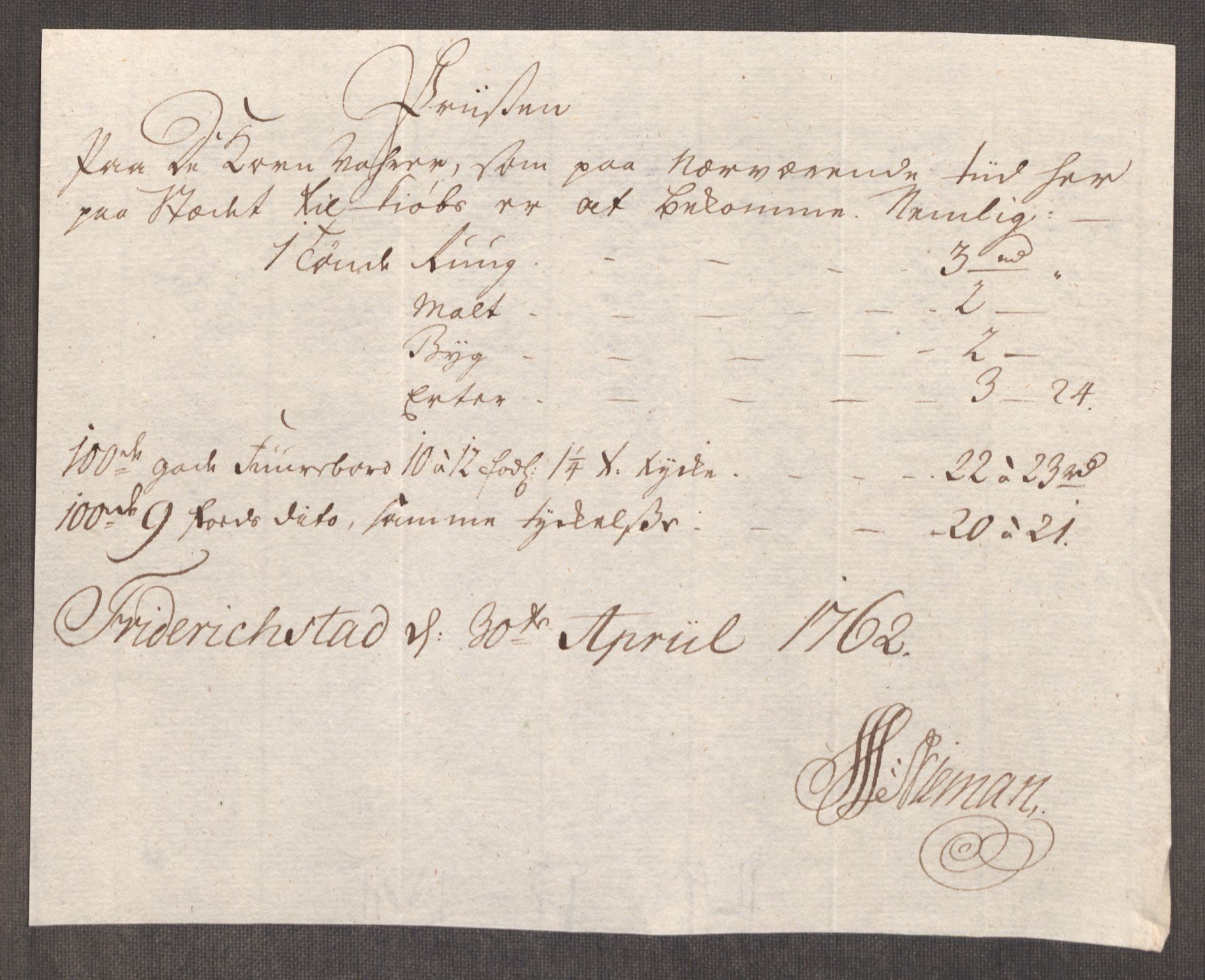 Rentekammeret inntil 1814, Realistisk ordnet avdeling, AV/RA-EA-4070/Oe/L0007: [Ø1]: Priskuranter, 1761-1763, p. 299