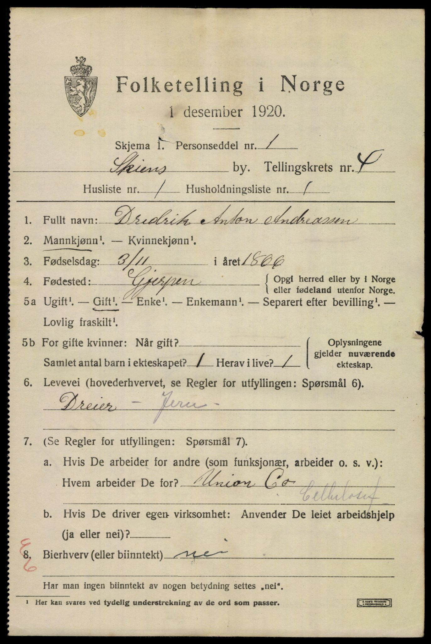 SAKO, 1920 census for Skien, 1920, p. 16822