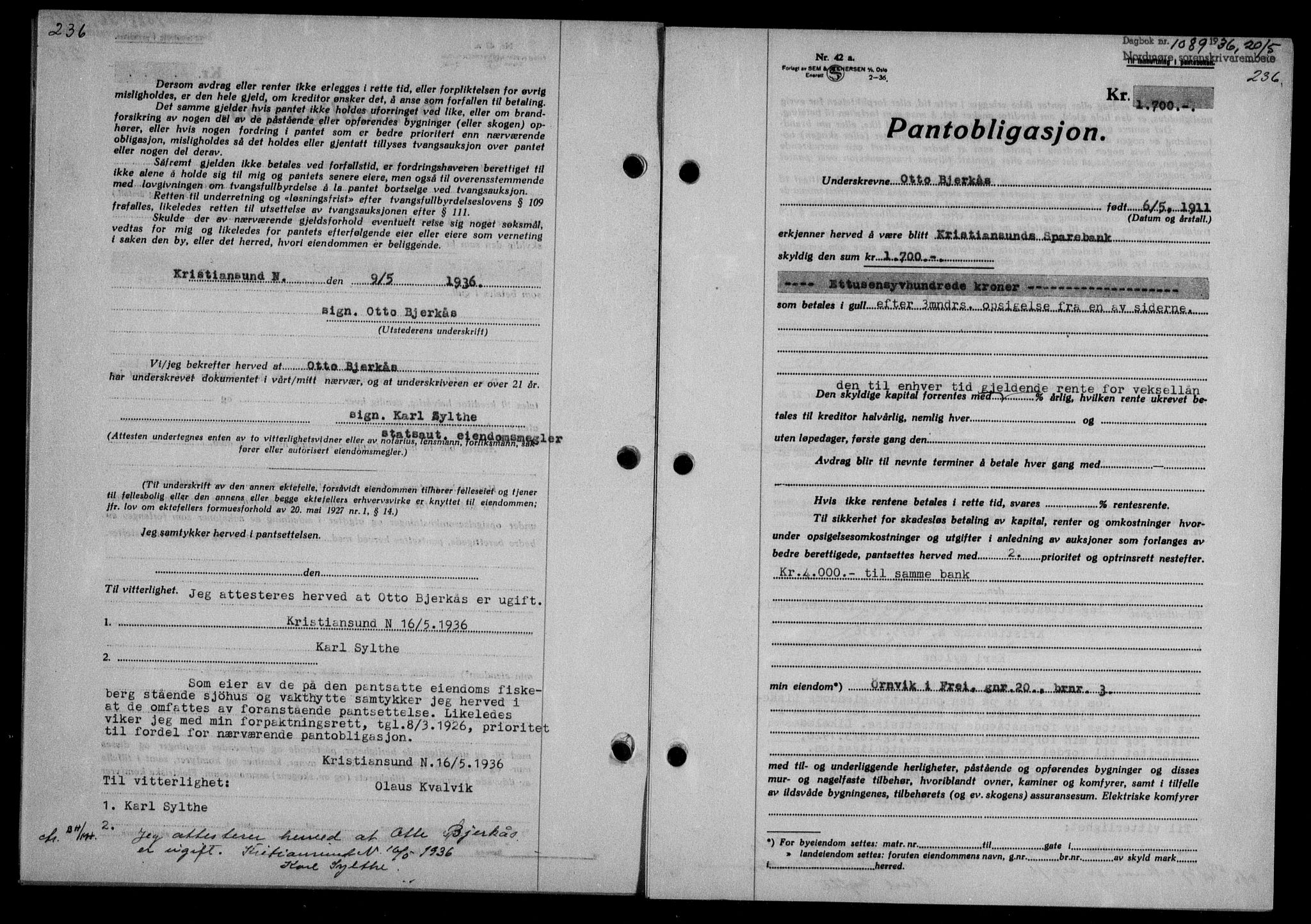 Nordmøre sorenskriveri, AV/SAT-A-4132/1/2/2Ca/L0088: Mortgage book no. 78, 1936-1936, Diary no: : 1089/1936