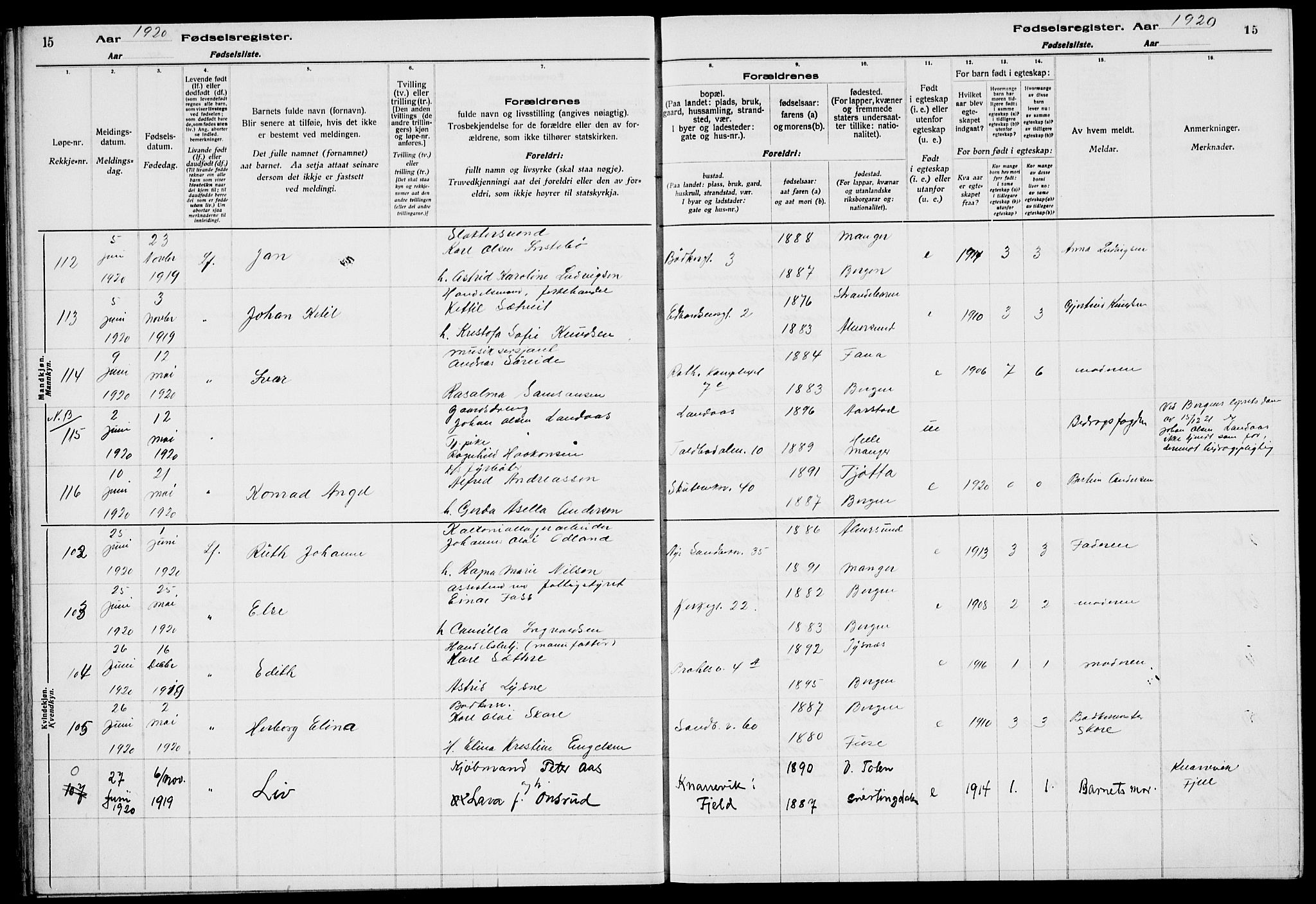 Sandviken Sokneprestembete, AV/SAB-A-77601/I/Ib/L00A2: Birth register no. A 2, 1920-1923, p. 15