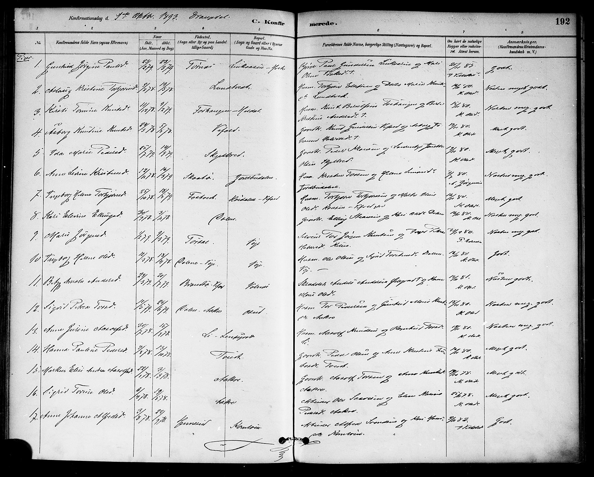Drangedal kirkebøker, SAKO/A-258/F/Fa/L0010: Parish register (official) no. 10 /1, 1885-1894, p. 192