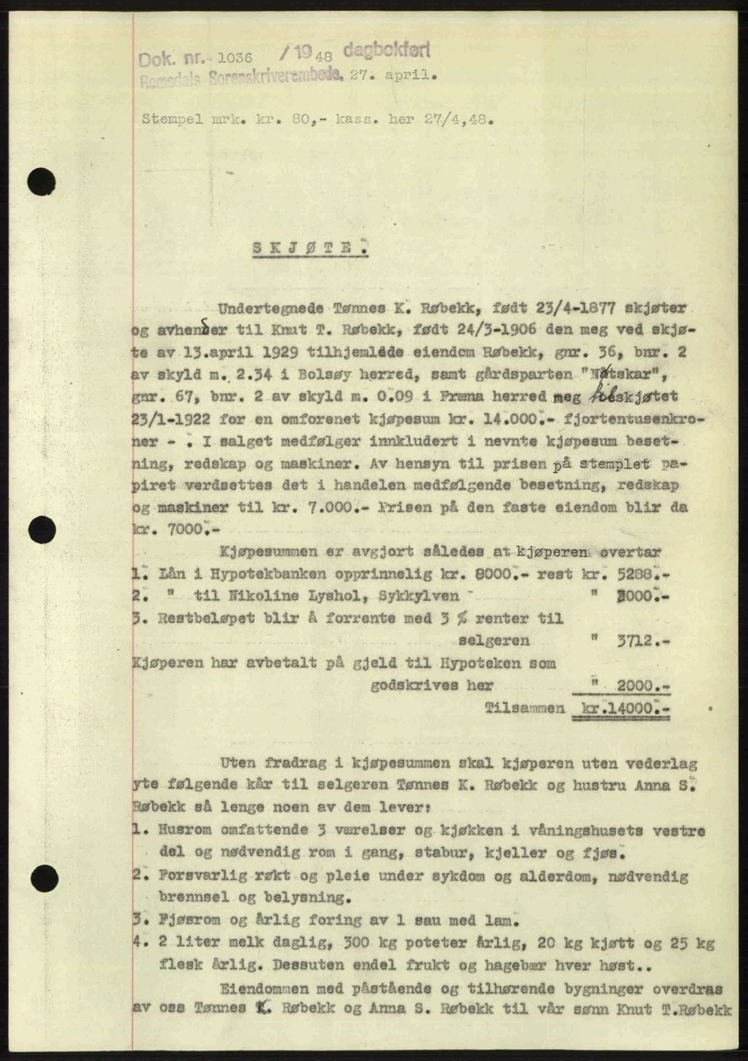 Romsdal sorenskriveri, AV/SAT-A-4149/1/2/2C: Mortgage book no. A26, 1948-1948, Diary no: : 1036/1948