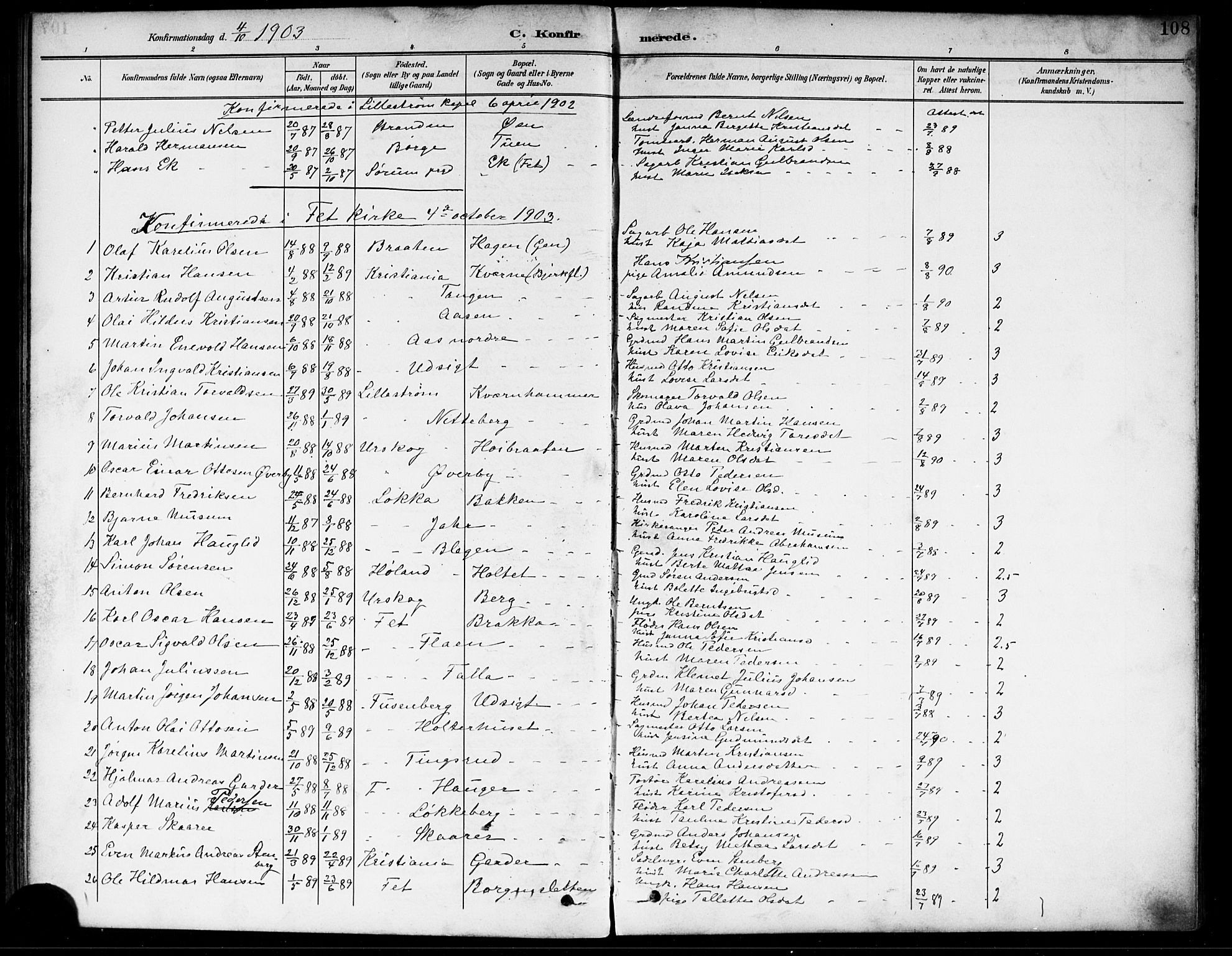 Fet prestekontor Kirkebøker, SAO/A-10370a/F/Fa/L0015: Parish register (official) no. I 15, 1892-1904, p. 108