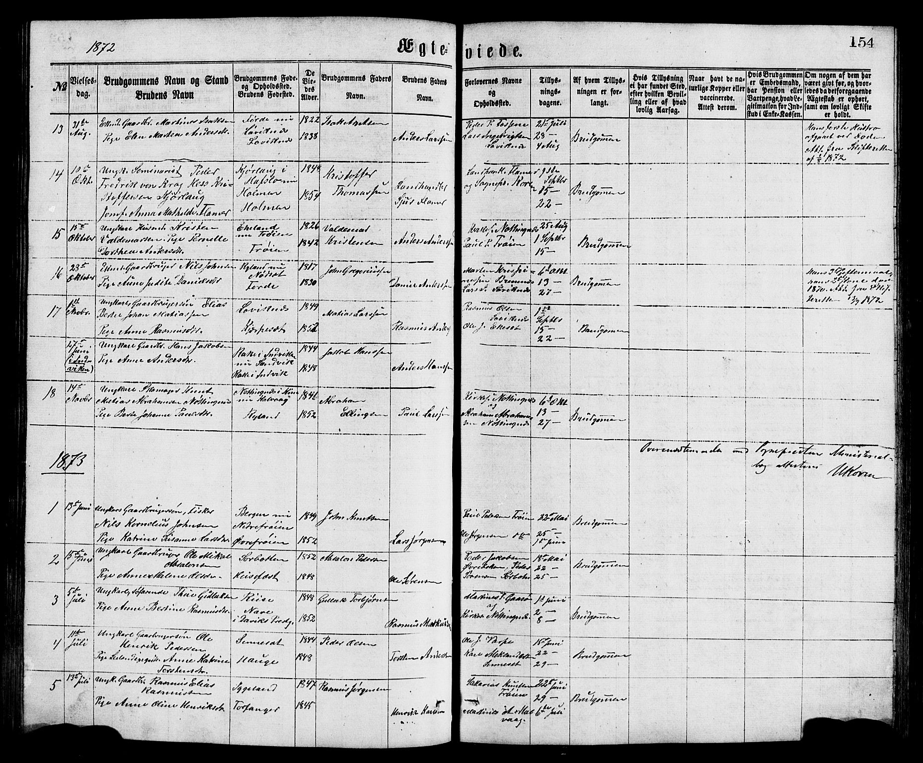 Bremanger sokneprestembete, AV/SAB-A-82201/H/Hab/Haba/L0002: Parish register (copy) no. A 2, 1866-1889, p. 154
