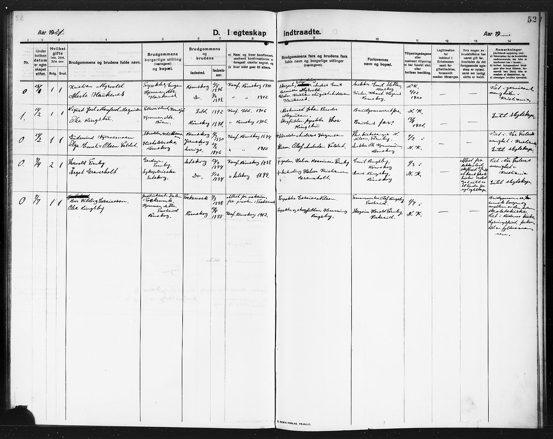 Rødenes prestekontor Kirkebøker, SAO/A-2005/G/Gb/L0002: Parish register (copy) no. II 2, 1911-1921, p. 52