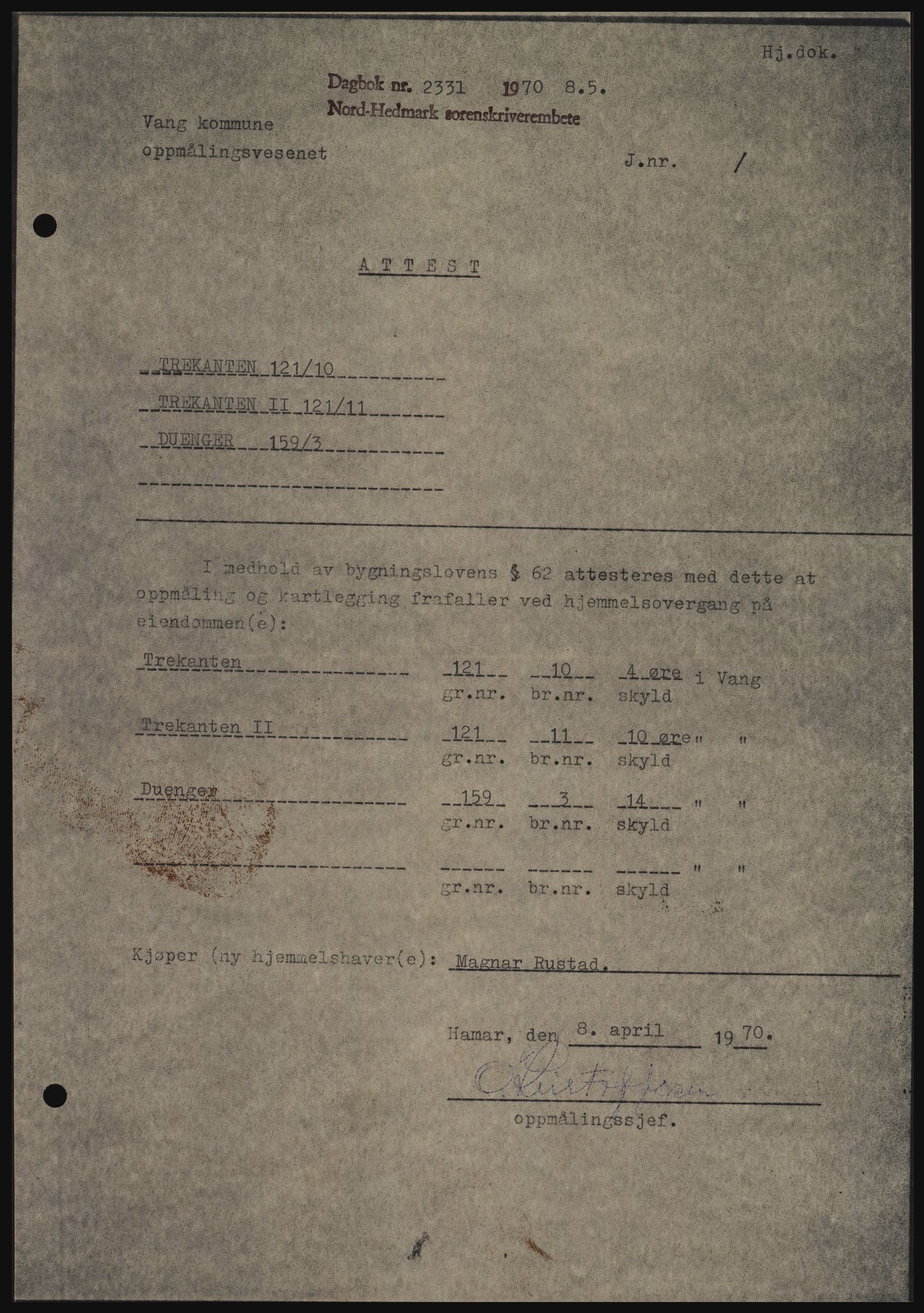 Nord-Hedmark sorenskriveri, SAH/TING-012/H/Hc/L0033: Mortgage book no. 33, 1970-1970, Diary no: : 2331/1970