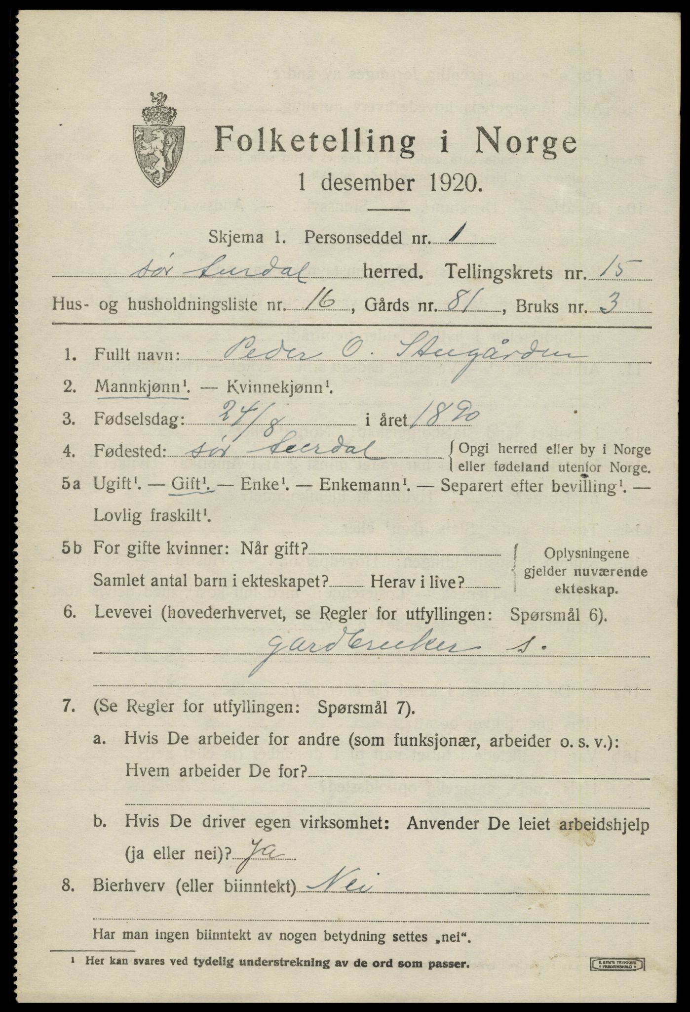 SAH, 1920 census for Sør-Aurdal, 1920, p. 8385