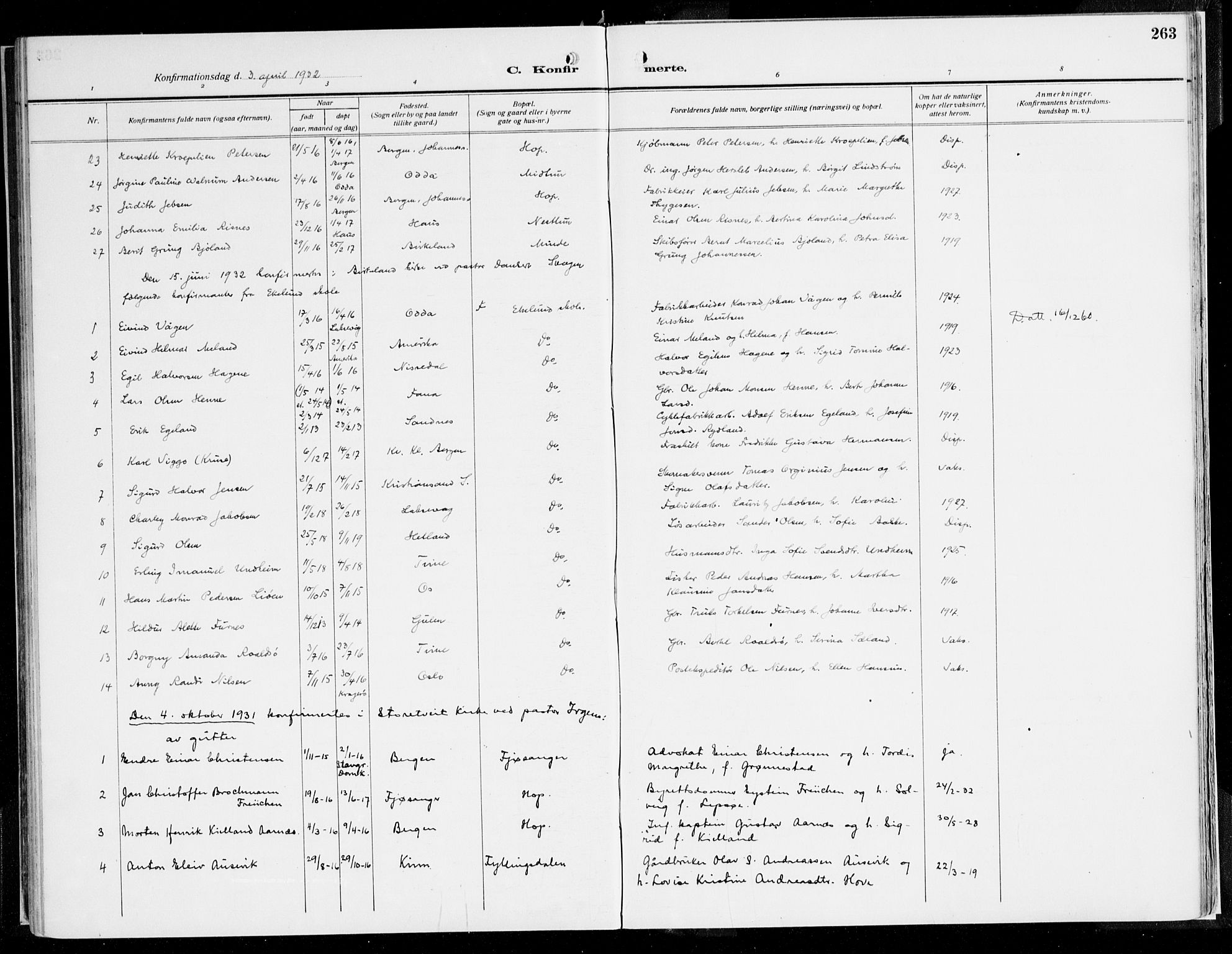 Fana Sokneprestembete, AV/SAB-A-75101/H/Haa/Haaj/L0001: Parish register (official) no. J 1, 1921-1935, p. 263