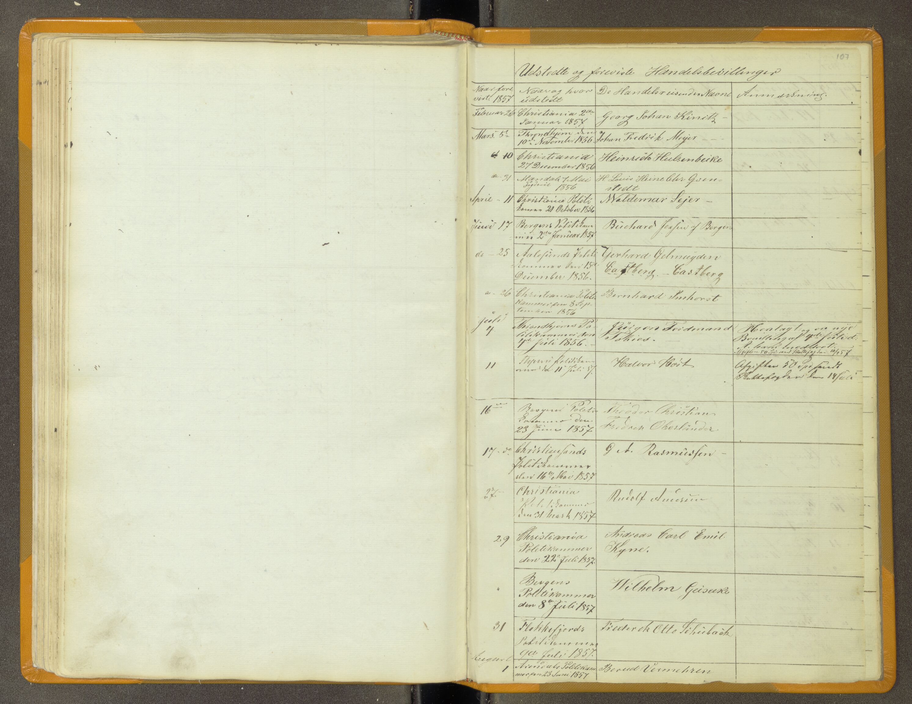 Trondheim politikammer, AV/SAT-A-1887/1/30/L0011: Passprotokoll. Utstedte pass 1855-1890. Utstede og forviste handelsbrev 1857-1860, 1855-1890, p. 106b-107a