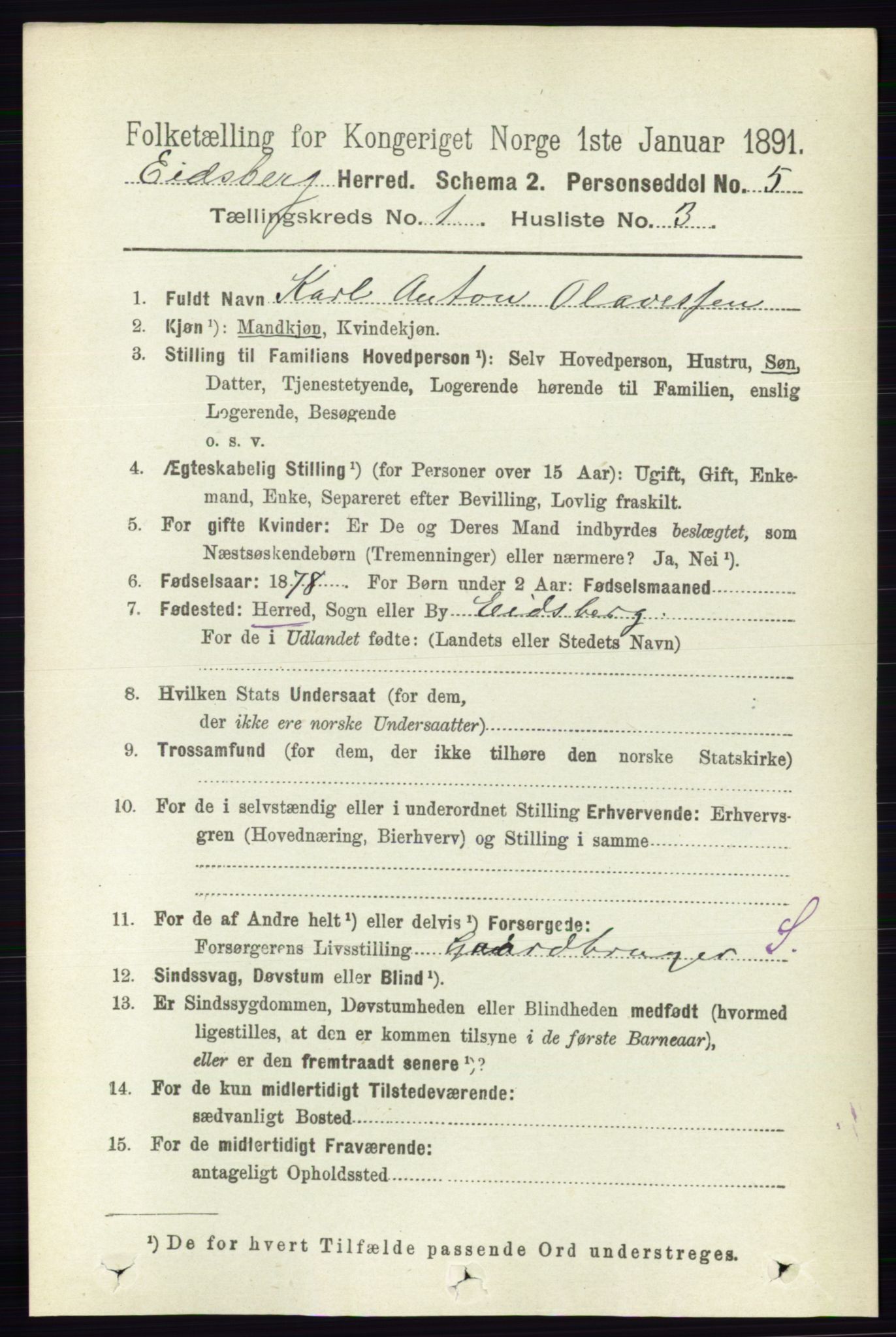 RA, 1891 census for 0125 Eidsberg, 1891, p. 156