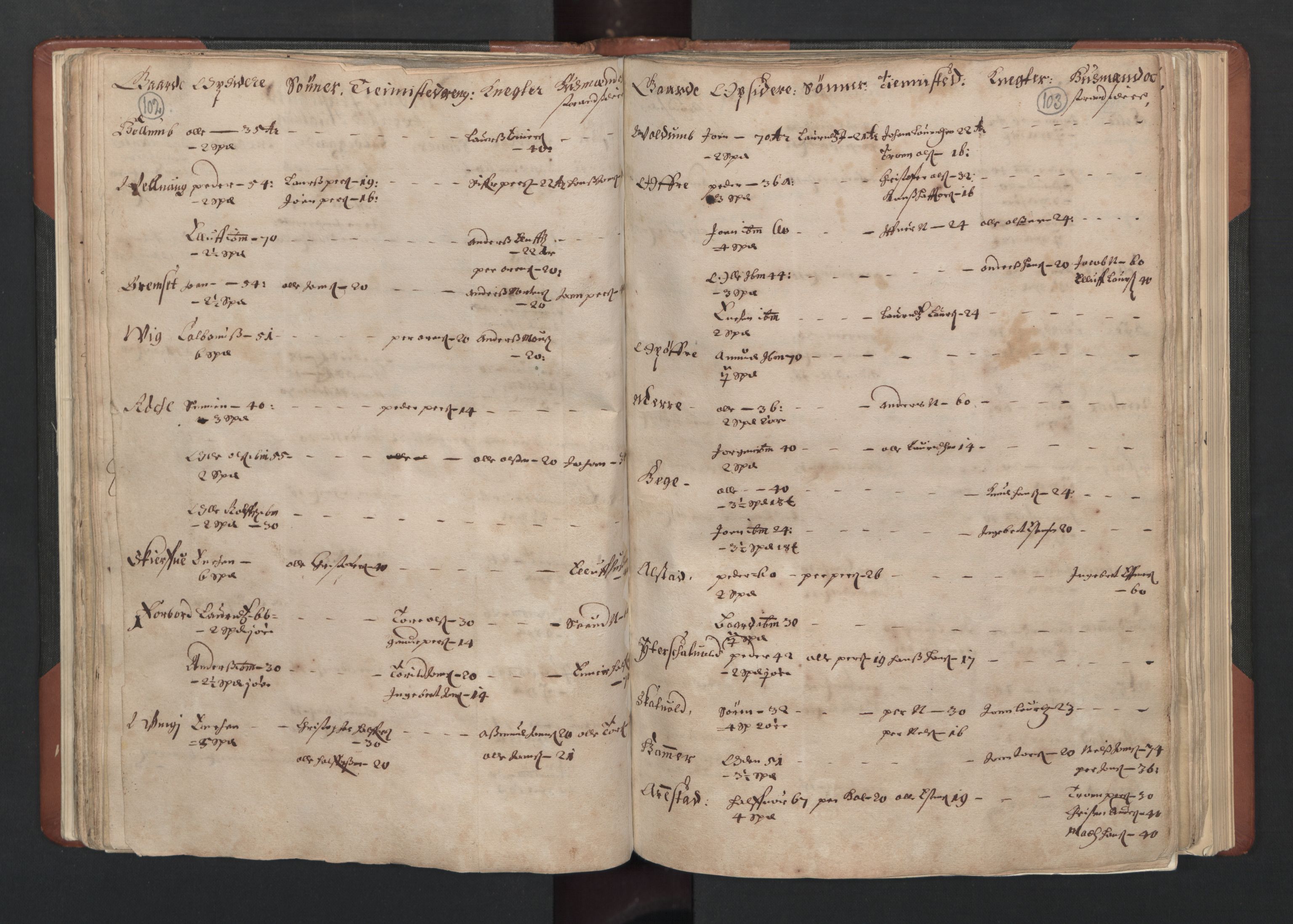 RA, Bailiff's Census 1664-1666, no. 19: Fosen fogderi, Inderøy fogderi, Selbu fogderi, Namdal fogderi and Stjørdal fogderi, 1664-1665, p. 102-103