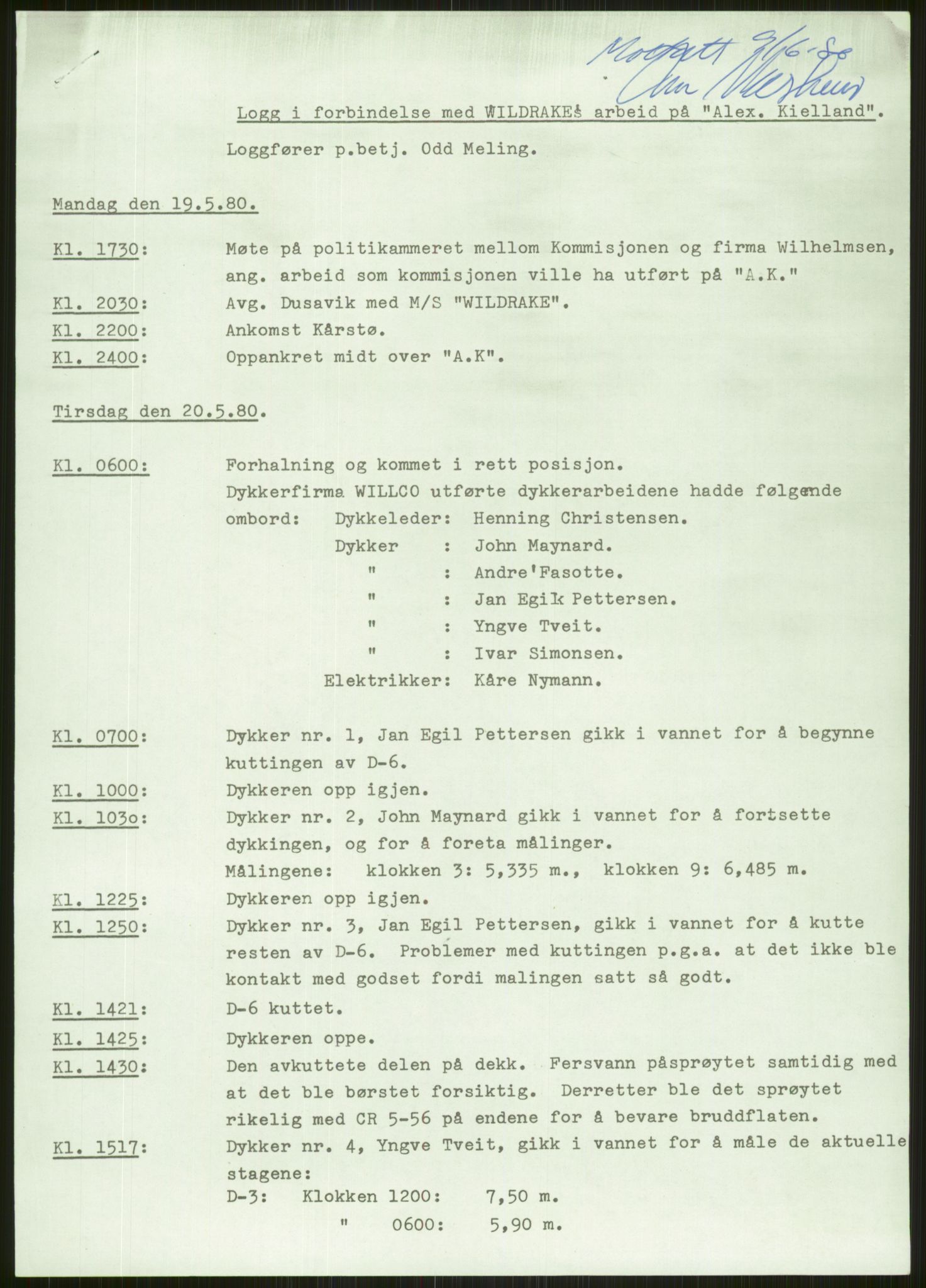 Justisdepartementet, Granskningskommisjonen ved Alexander Kielland-ulykken 27.3.1980, RA/S-1165/D/L0006: A Alexander L. Kielland (Doku.liste + A3-A6, A11-A13, A18-A20-A21, A23, A31 av 31)/Dykkerjournaler, 1980-1981, p. 544