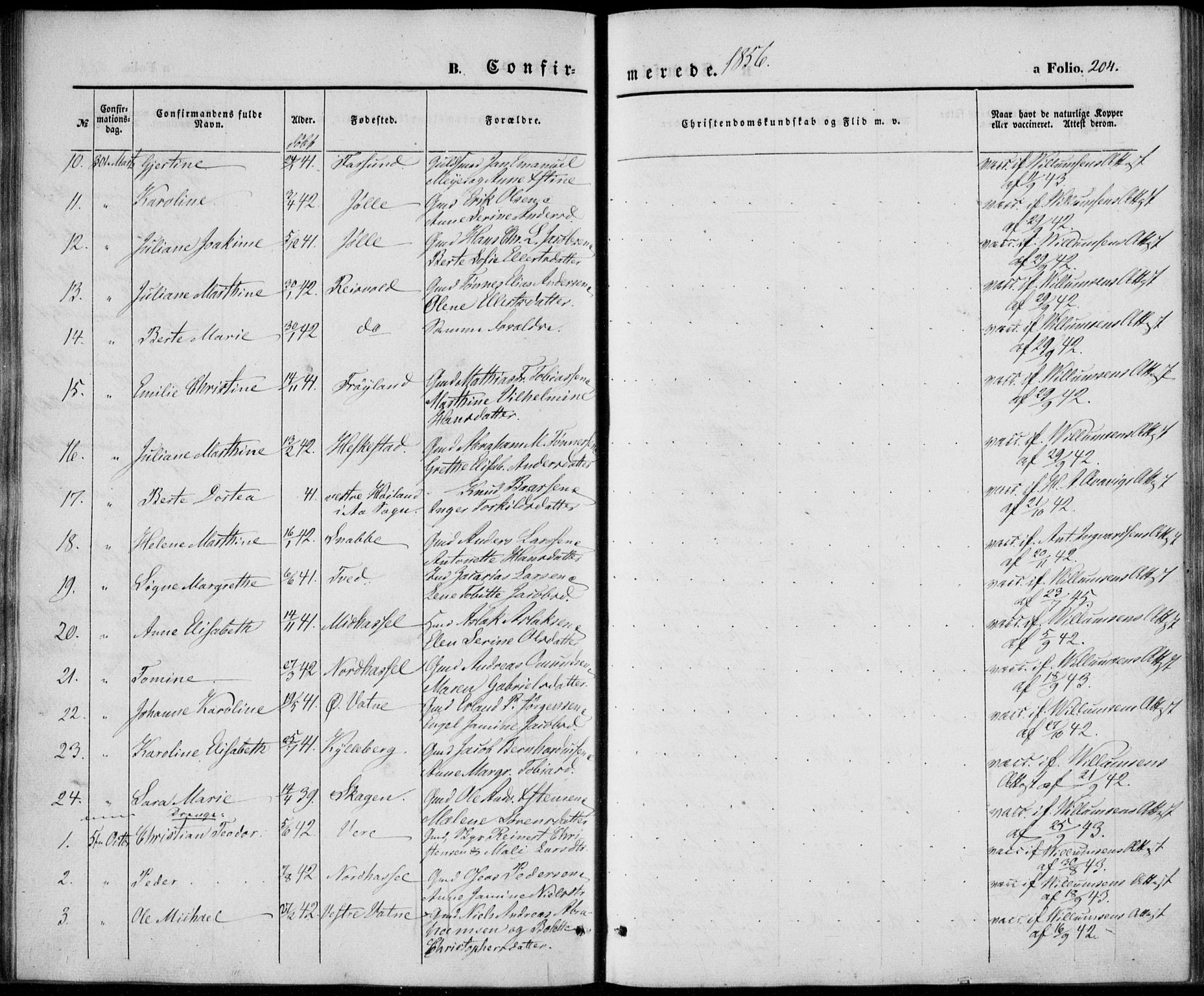 Lista sokneprestkontor, AV/SAK-1111-0027/F/Fb/L0002: Parish register (copy) no. B 2, 1847-1862, p. 204