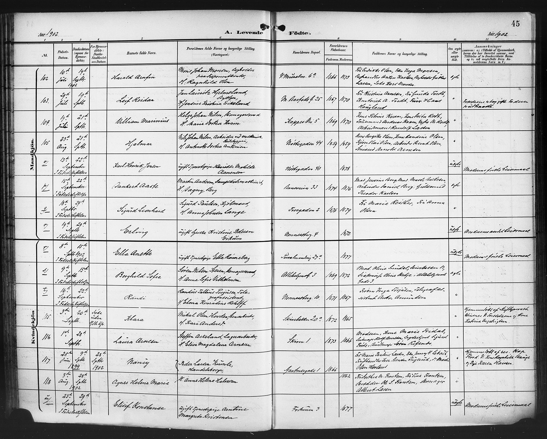 Domkirken sokneprestembete, AV/SAB-A-74801/H/Hab/L0017: Parish register (copy) no. B 10, 1900-1915, p. 45